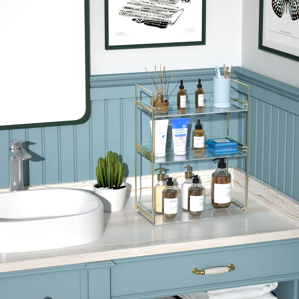 NIUBEE 3-Tier Acrylic Bathroom Organizer,Chic Easy Assembly Bathroom Sink Organizer Countertop Large Space for Lotions & Makeup,Gold - Image 5