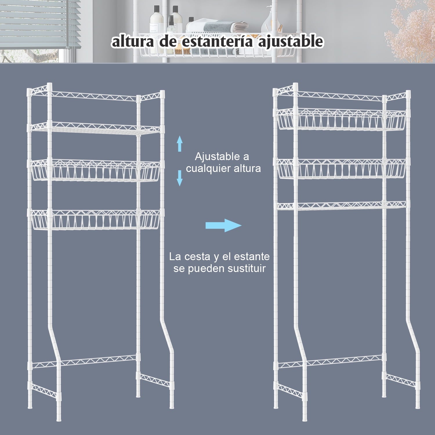 Untyo 3 Tier Over the Toilet Storage Rack Bathroom Storage Shelf Space Saver Stand Above Toilet with Adjustable Shelves and Baskets - Image 3