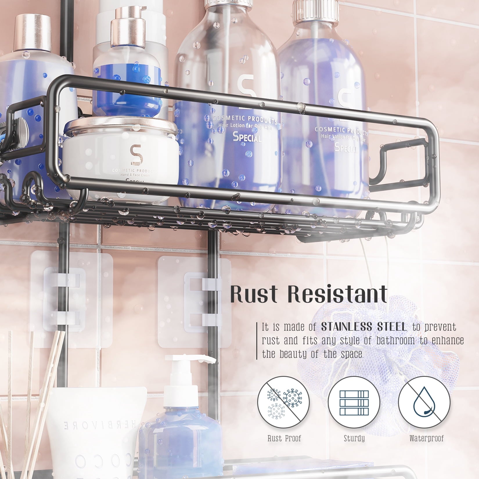 SHINGONE Adjustable over Head Shower Caddy: Hanging Bathroom Organizer for Large Bottles & Tall Showerheads - Rustproof Storage Shelf with S - Image 4