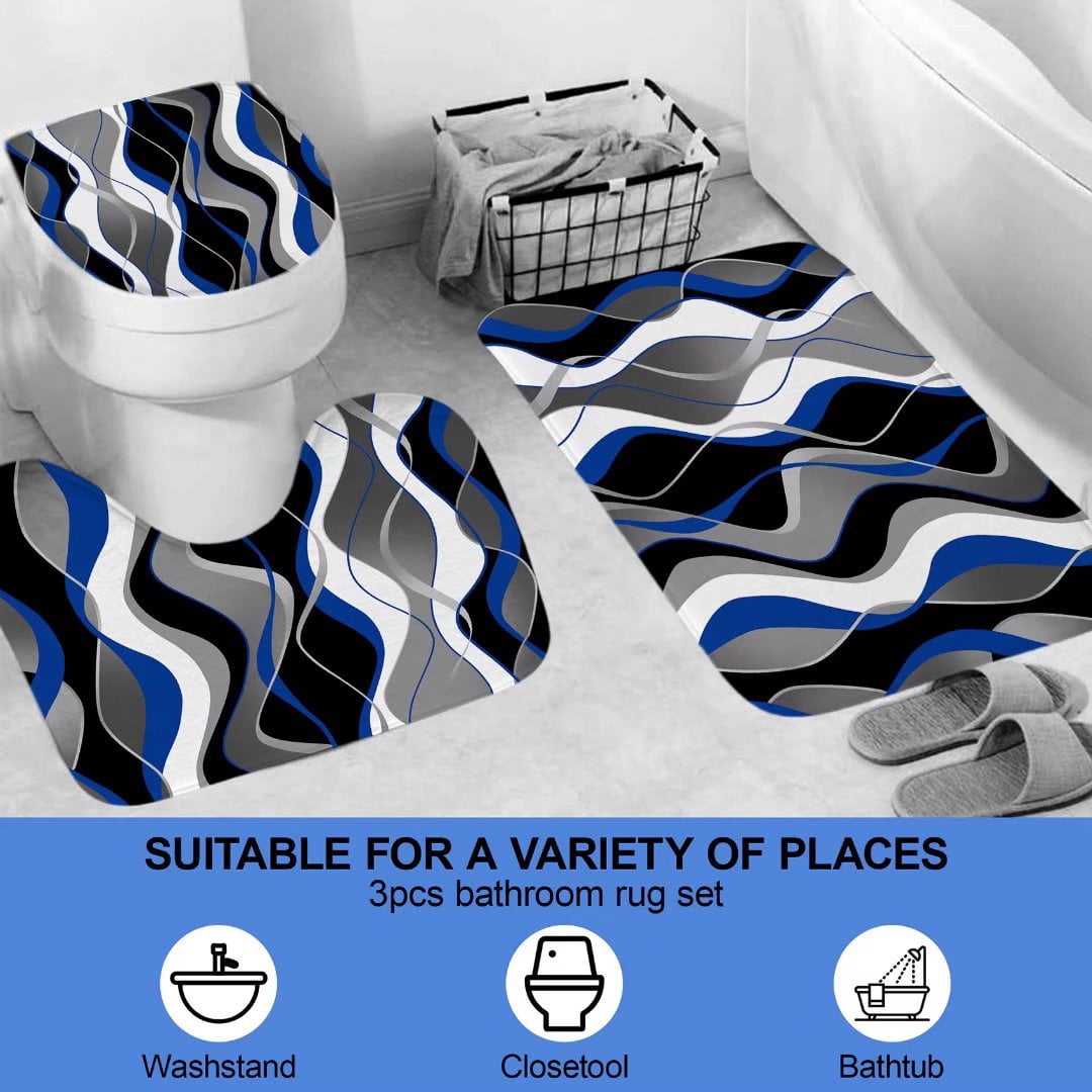 4Pcs Blue Shower Curtain Sets with Non-Slip Rugs, Toilet Lid Cover and Bath Mat, Black and Gray Bathroom Decor Set Ac... - Image 5