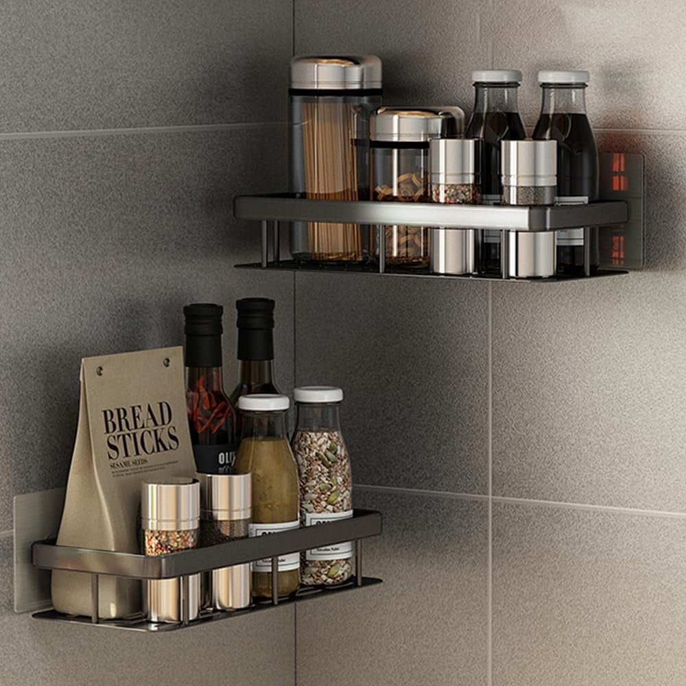2 Pack Adhesive Shower Caddy Bathroom Shower Shelves with 4 Hooks, Space Aluminum Shower Organizer - Rustproof Waterp... - Image 3