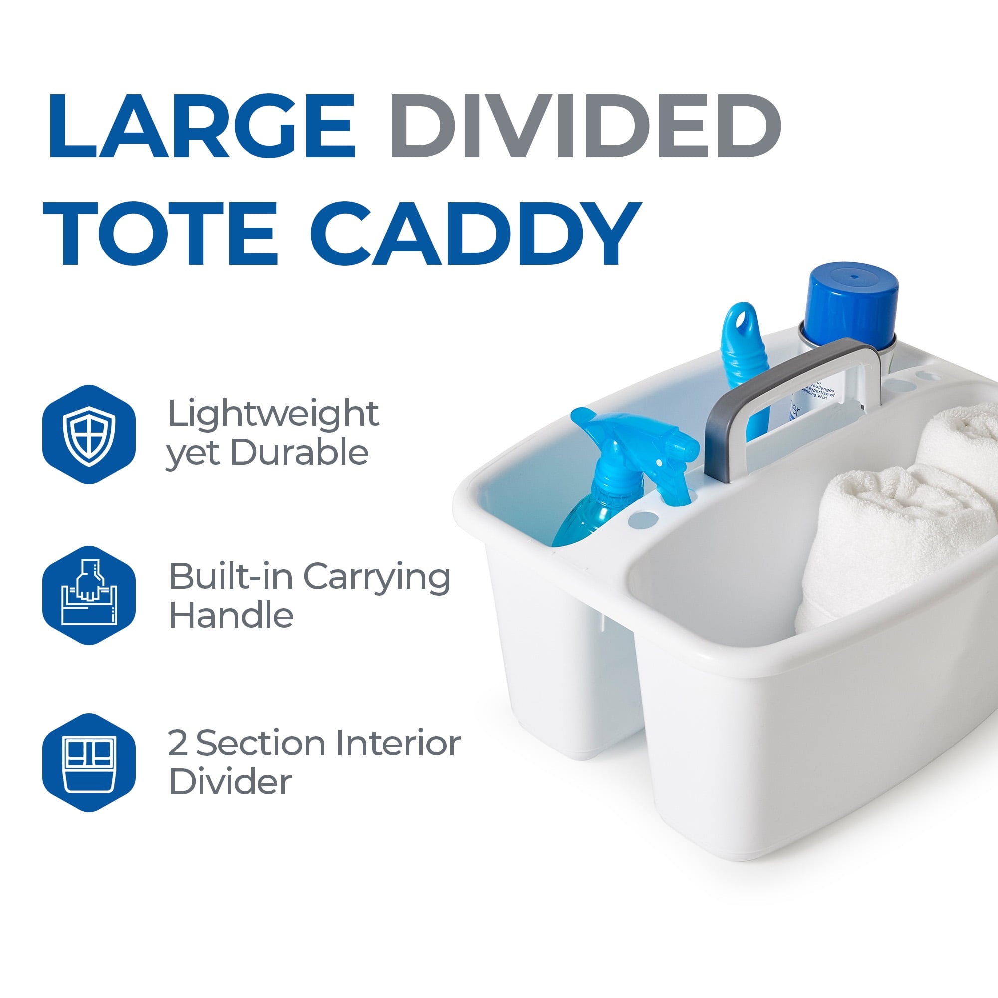 Large Home Divided Storage Tote Caddy, White W/Gray Carry Handle - Image 3