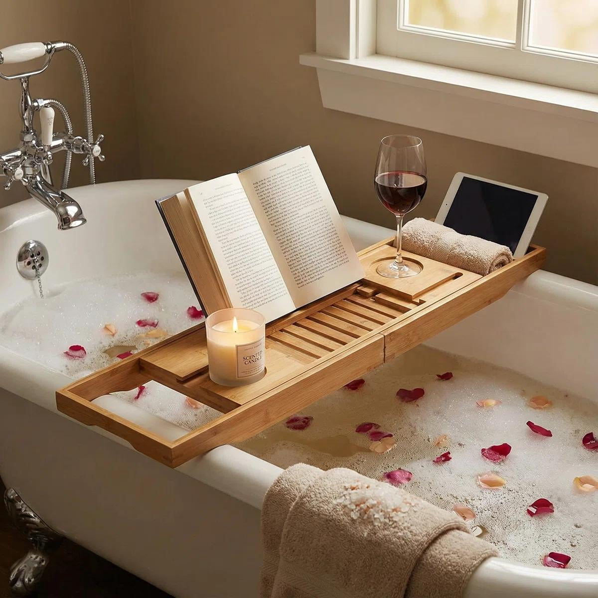 Bathtub Caddy Tray for Tub, Expandable Bamboo Bath Table Shelf with Book and Wine Glass Holder, Bathroom Accessories Gift for Spa, Housewarm - Image 6