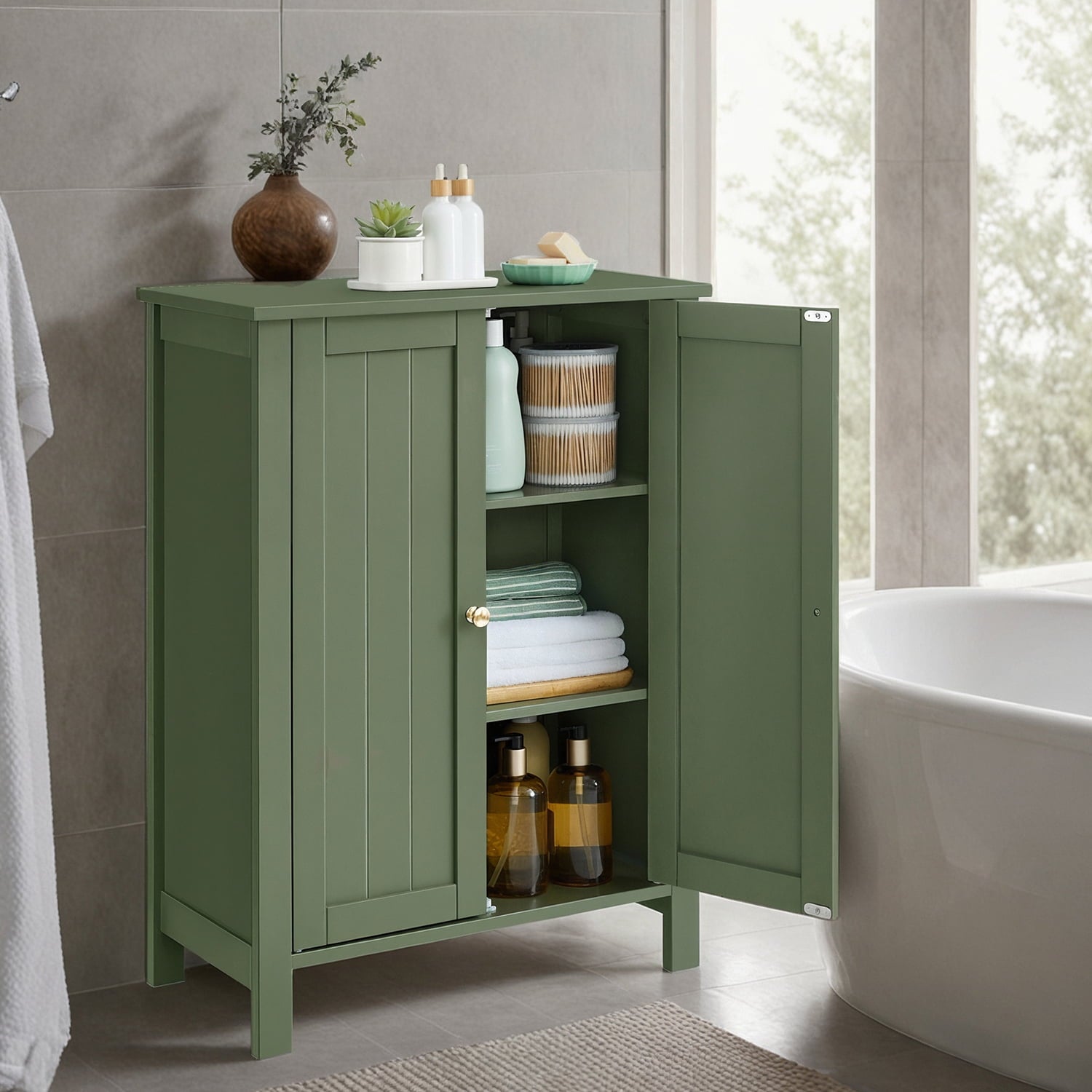 Bathroom Cabinets Freestanding, Bathroom Storage Floor Cabinet with Doors and Adjustable Shelves, Green - Image 4