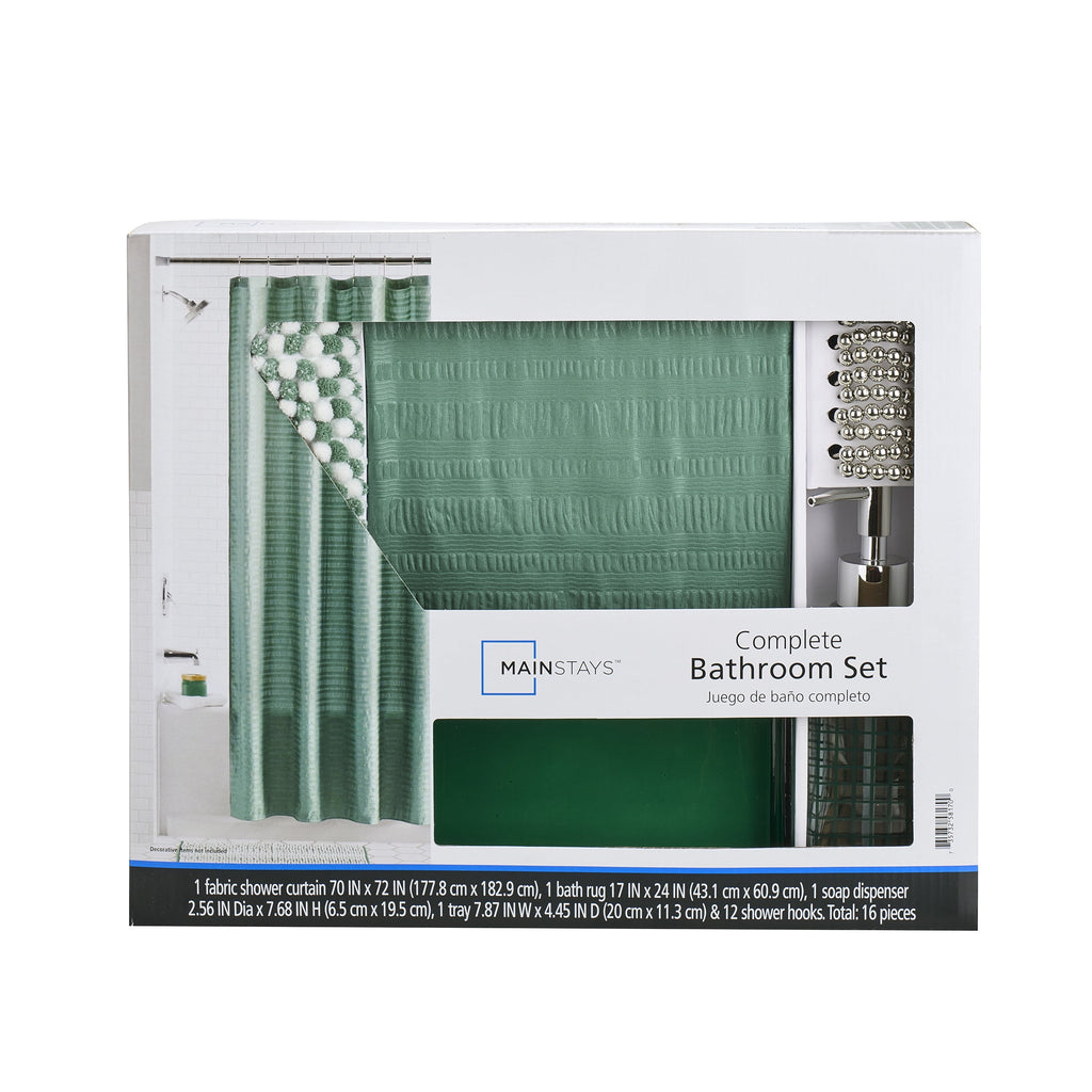 16-Piece Green Textured Solid Shower Curtain Bathroom Set – Green Fabric Curtain with Rug, Hooks, Soap Pump & Tray - Image 6