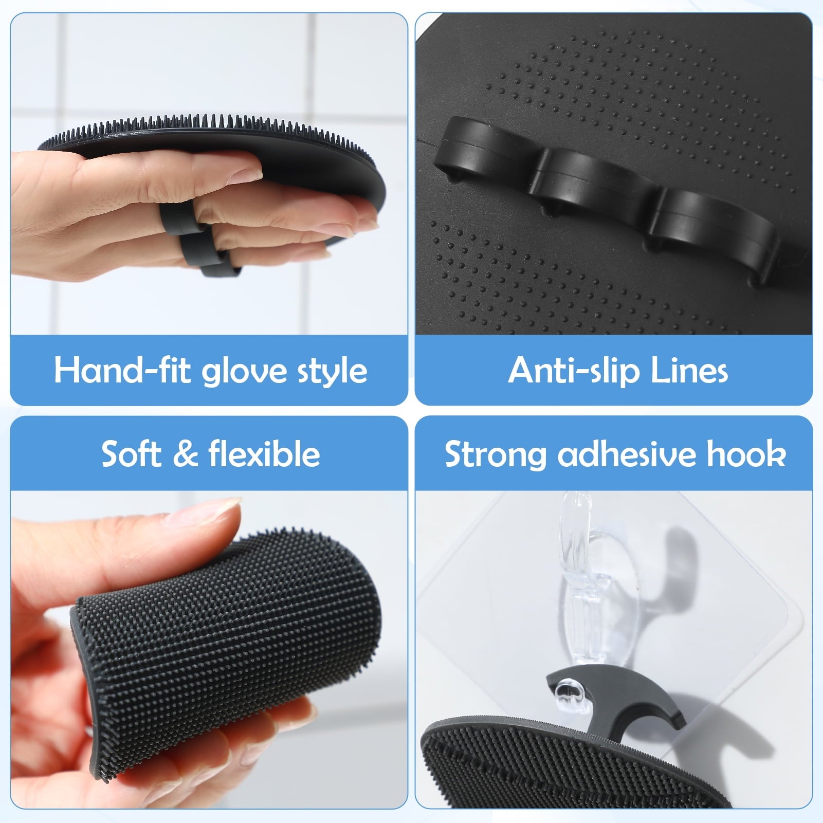 3-Pack Silicone Back Scrubber Set with 14" Long Handle, Body and Face Brushes + 2 Hooks - Deep Exfoliating and Lather... - Image 5