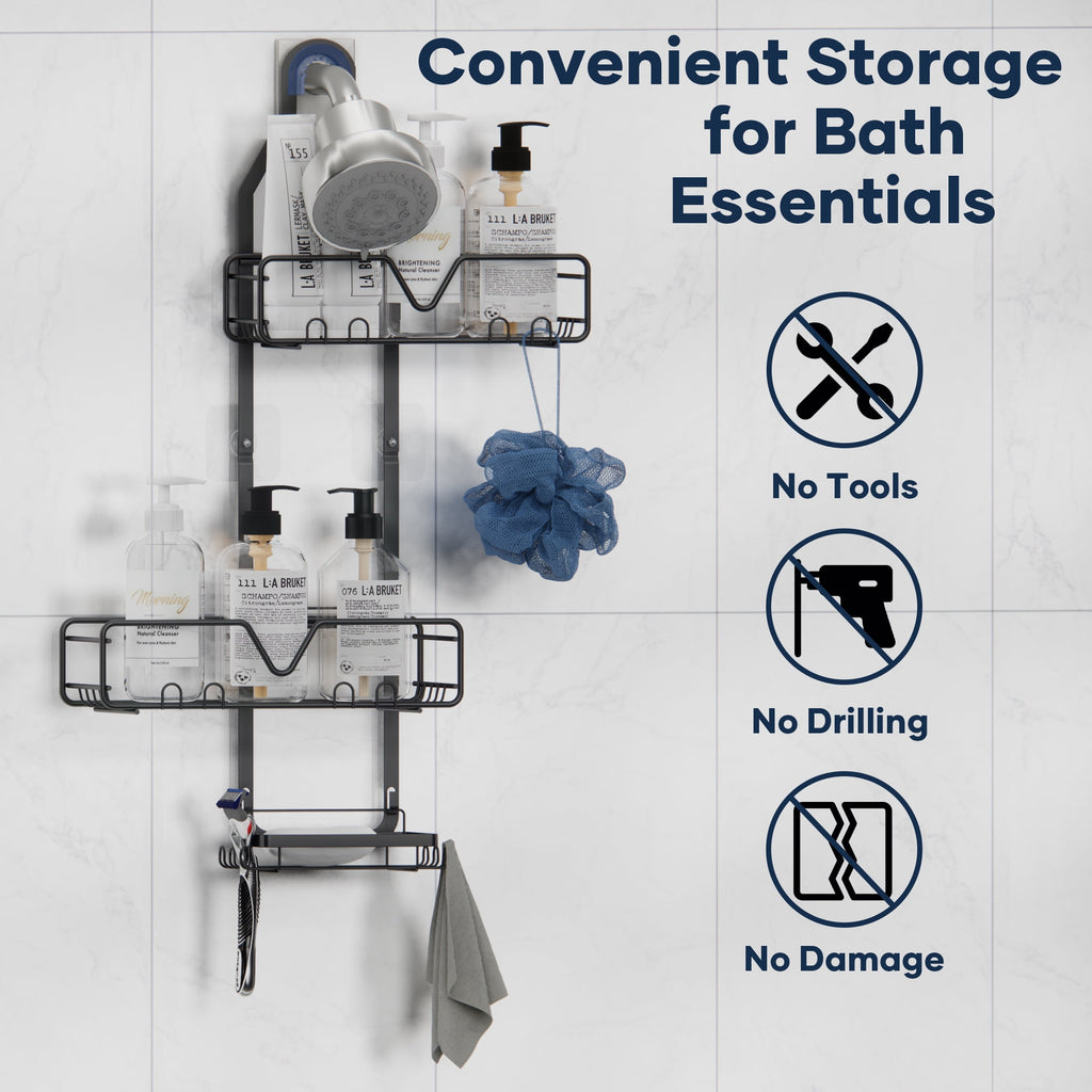 Hanging Over Head, Fits 1" Standard Pipe, Left/Right Adjustable Shelves, Large Storage for Shampoo & Soap Holder, No-... - Image 3