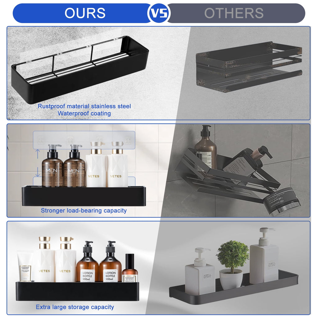 YIHATA Wall Shower Caddy, Black Shower Shelf No Drilling, Self Adhesive Bathroom Storage Rustproof Shower Organizer with 4 Hooks, Quick-Dry, - Image 4