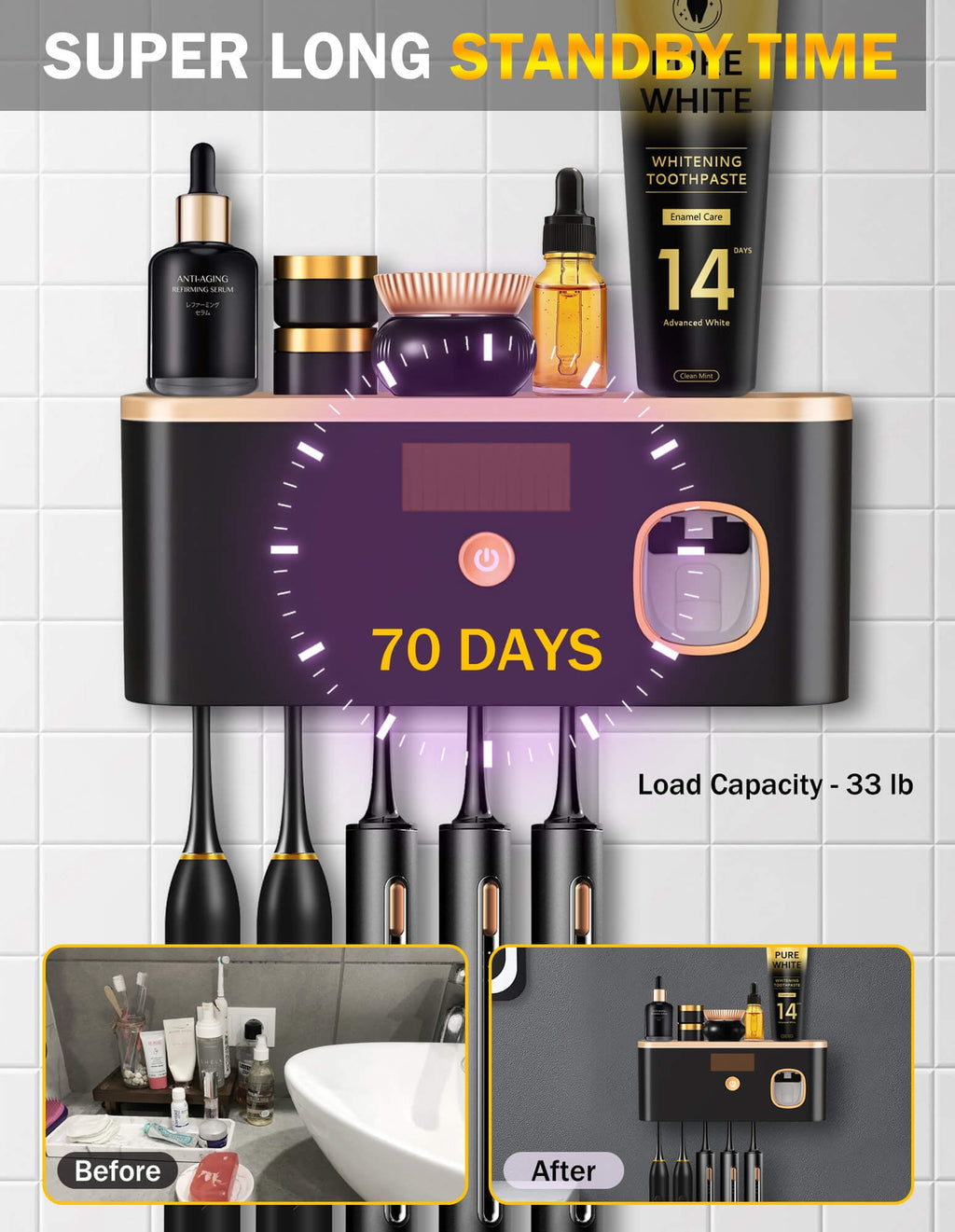 for Bathrooms, UV Sanitizer Wall Mounted with Toothpaste Dispenser, Large Capacity Tray, Tooth Brushing Holder & Bath... - Image 4