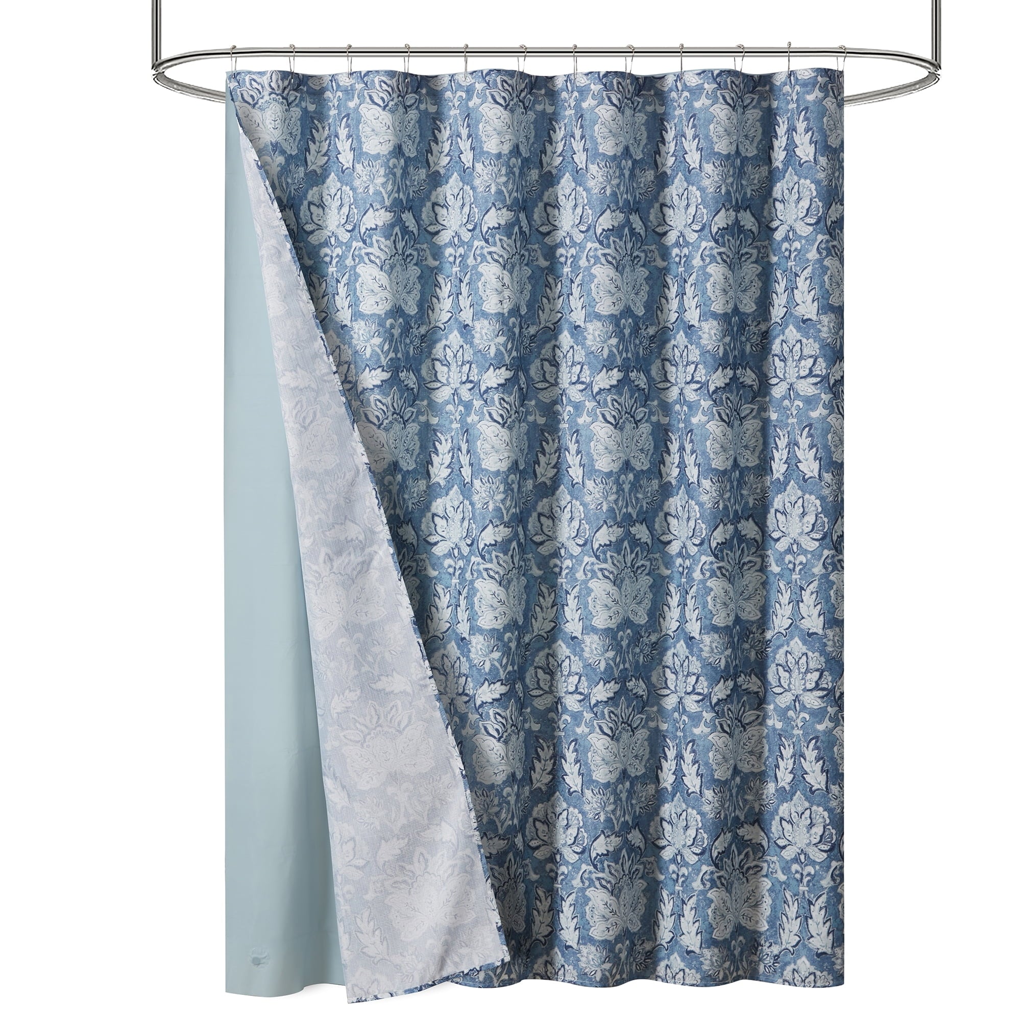 Mainstays 14-Piece Blue Medallion Shower Curtain Set  Fabric Curtain, PEVA Liner & Metal Hooks, 72"x72", Moisture-Resistant - Image 2