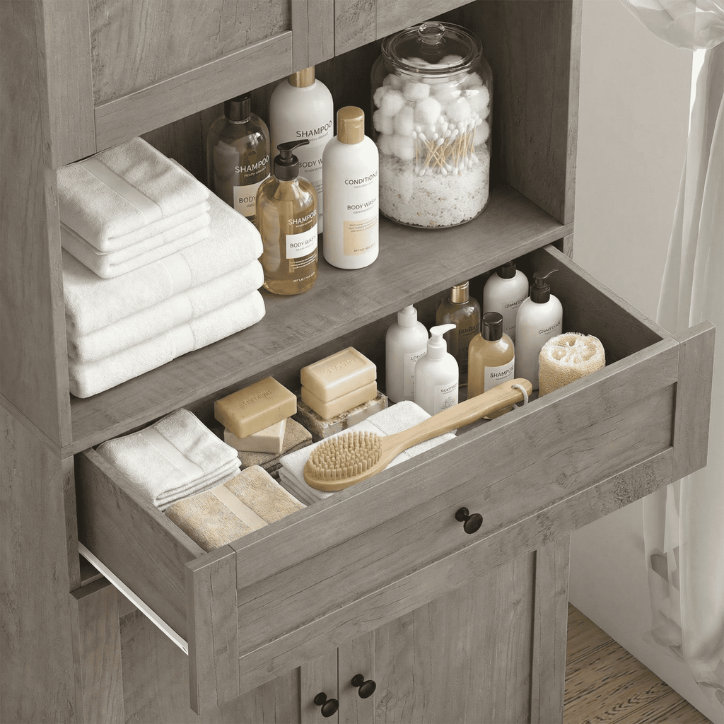 Homfa 67.5" Tall Farmhouse Bathroom Storage Cabinet with Drawer, 4 Door Modern Freestanding Storage Cabinet Cupboard, Gray - Image 6
