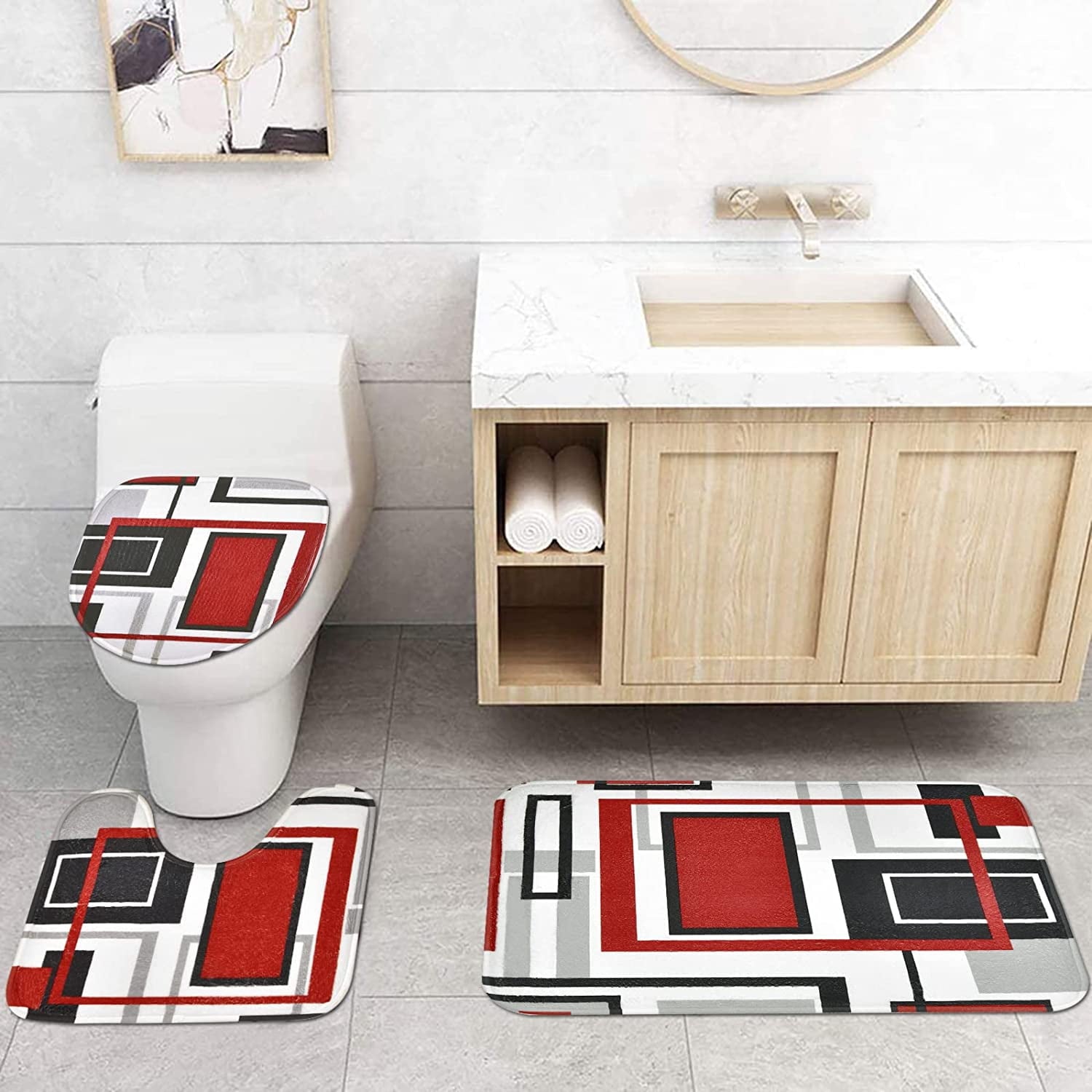 Red Black Geometric Shower Curtain and Rug Sets, 16 Pc Modern Abstract Bathroom Sets, Waterproof Fabric Shower Curtai... - Image 5