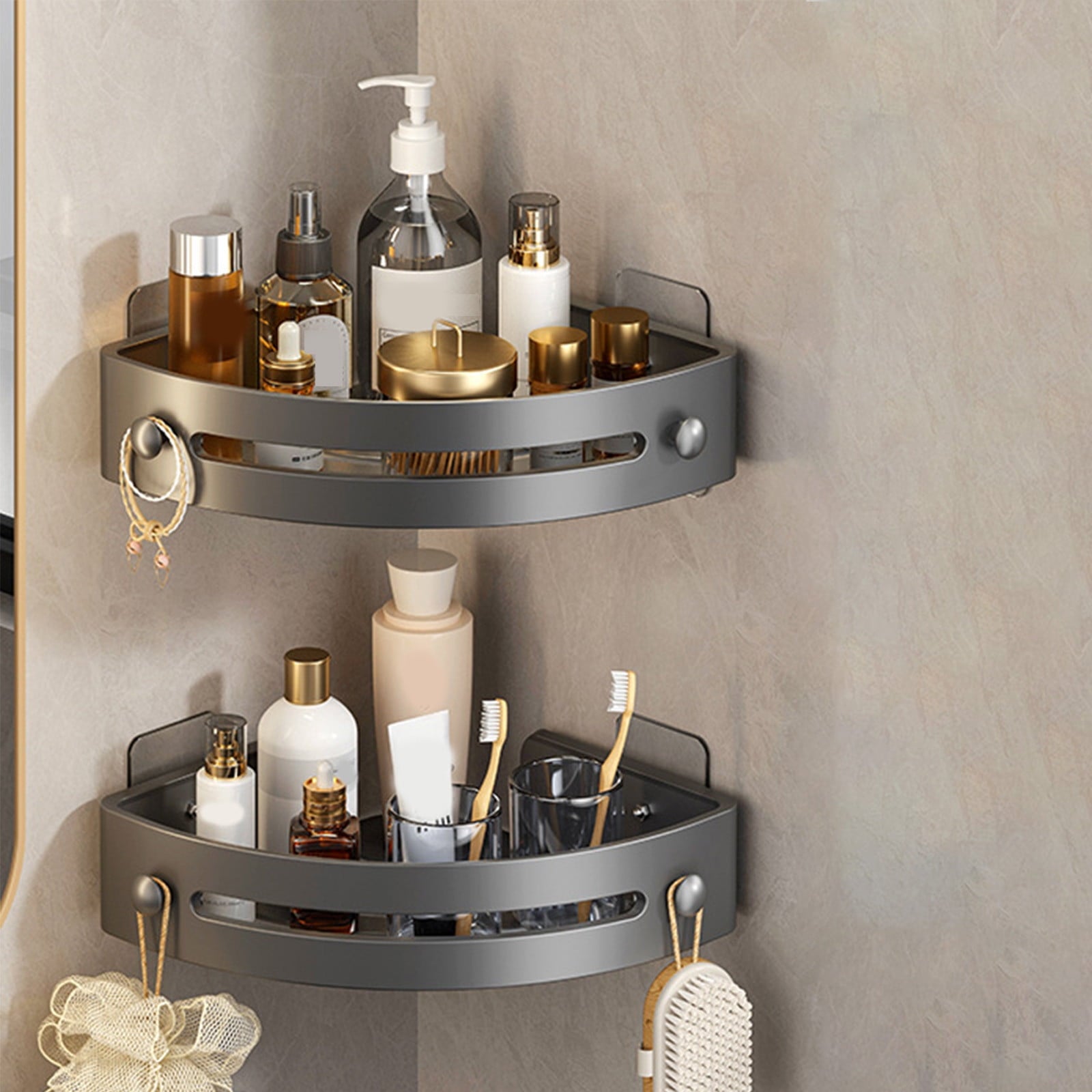 Bathroom Corner Shelf Gray Wall Mounted Corner Shower Caddy Kitchen Corner Shelves No Drill Shower Organizer - Image 6