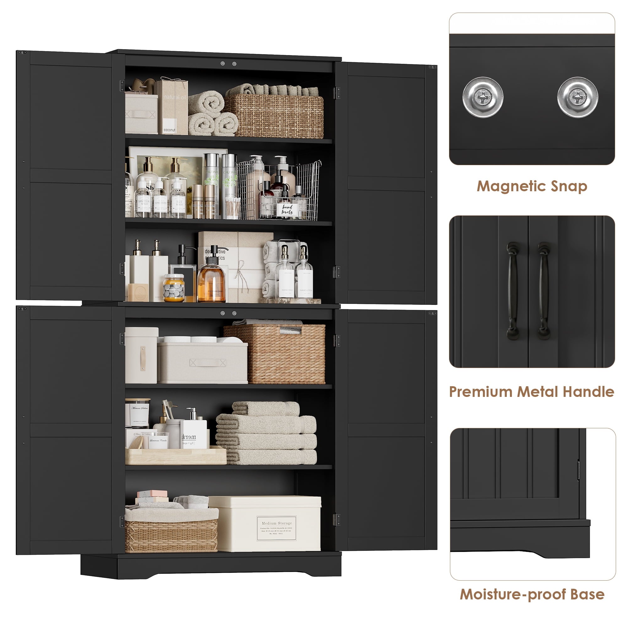 71'' Bathroom Cabinet with 6 Storage Shelves, Freestanding Wooden Linen Cabinet for Living Room, Black - Image 6