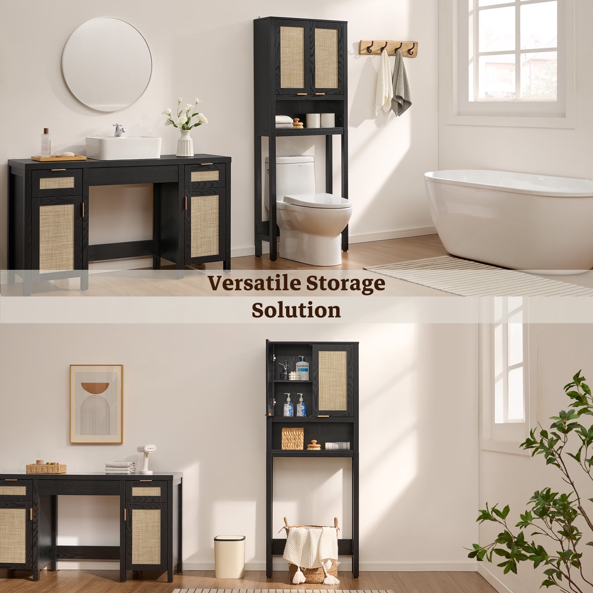 Over The Toilet Storage Cabinet with Adjustable Shelf, Bathroom Organizer Rattan Doors & Gold Handle, Black Oak - Image 2