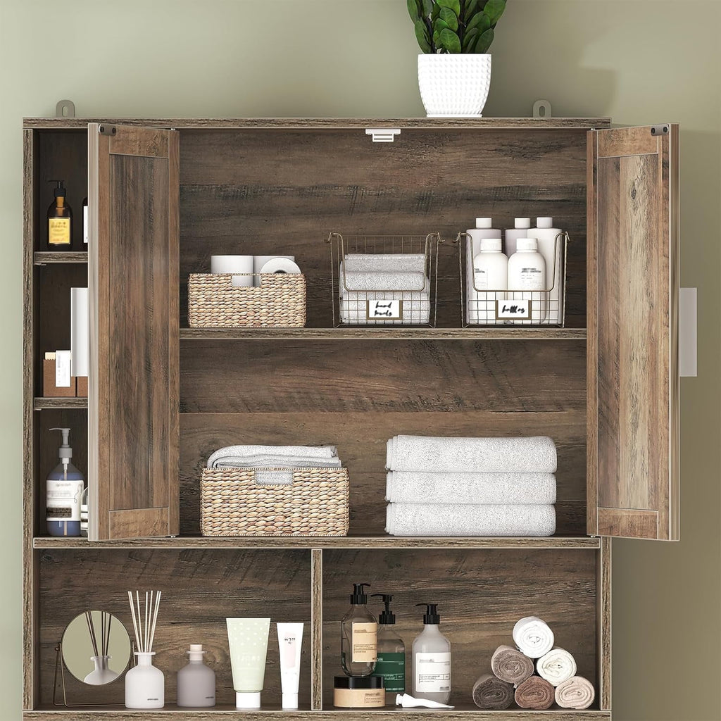 Cabinet with 2 Barn Doors, 10 Adjustable Shelves & Tissue Holder,Bathroom Storage,Grey - Image 5