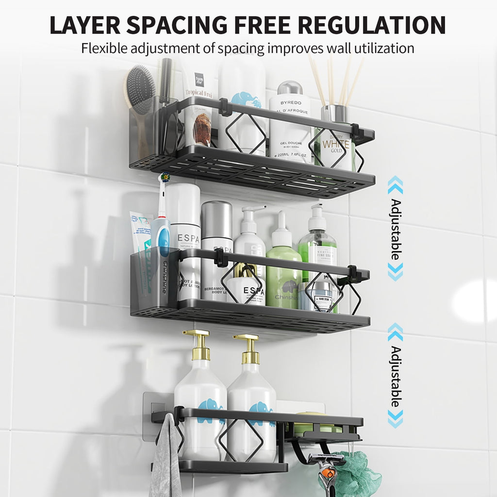 3-Tier with 6 Removable Hooks & 2 Toothbrush Holders, 304 Stainless Steel, No Drilling Bathroom Organize, 5 PCS Black - Image 5