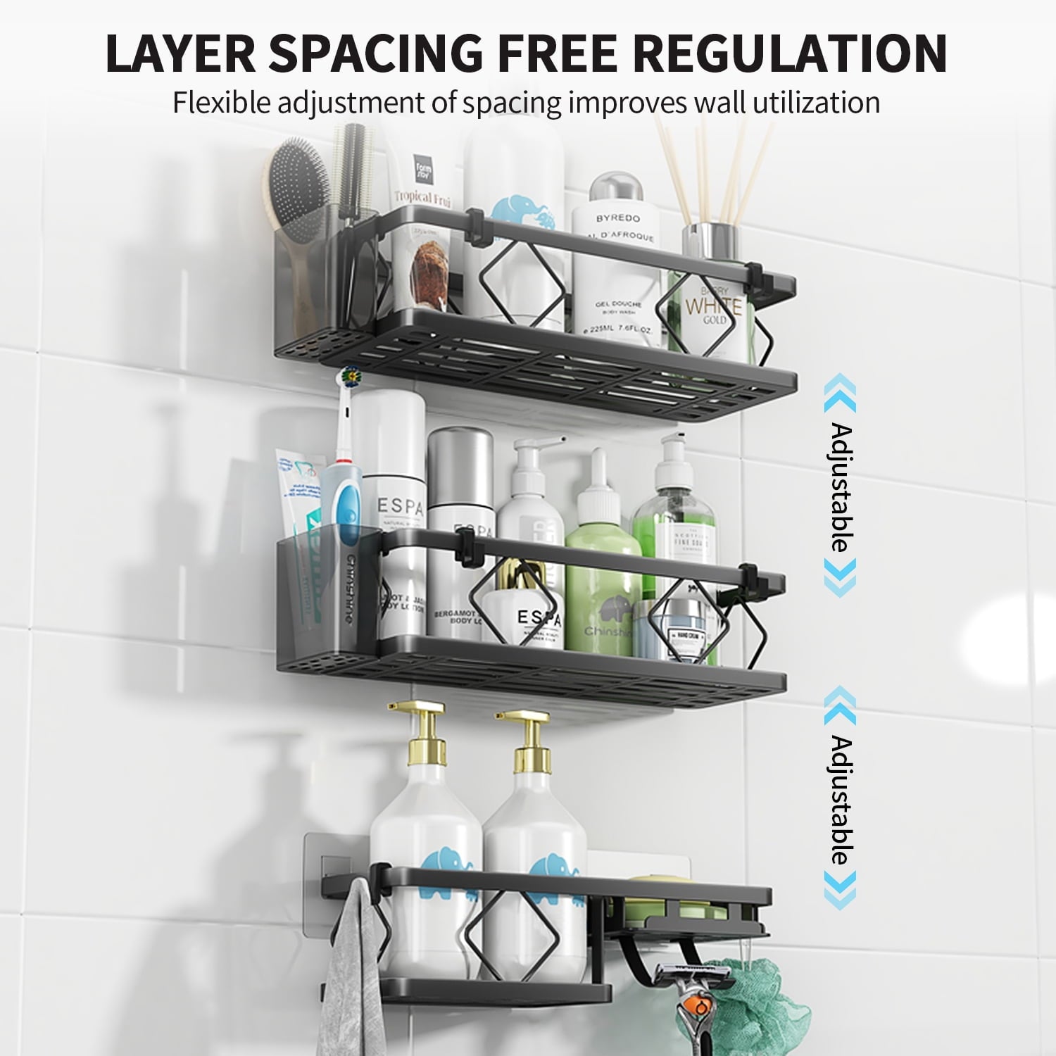 3-Tier with 6 Removable Hooks & 2 Toothbrush Holders, 304 Stainless Steel, No Drilling Bathroom Organize, 5 PCS Black - Image 5