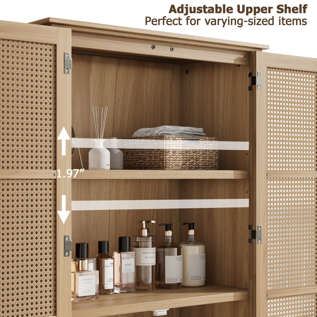 Bathroom Cabinet with Rattan Doors, Rattan Linen Storage Cabinet with 2 Drawers, Oak - Image 5