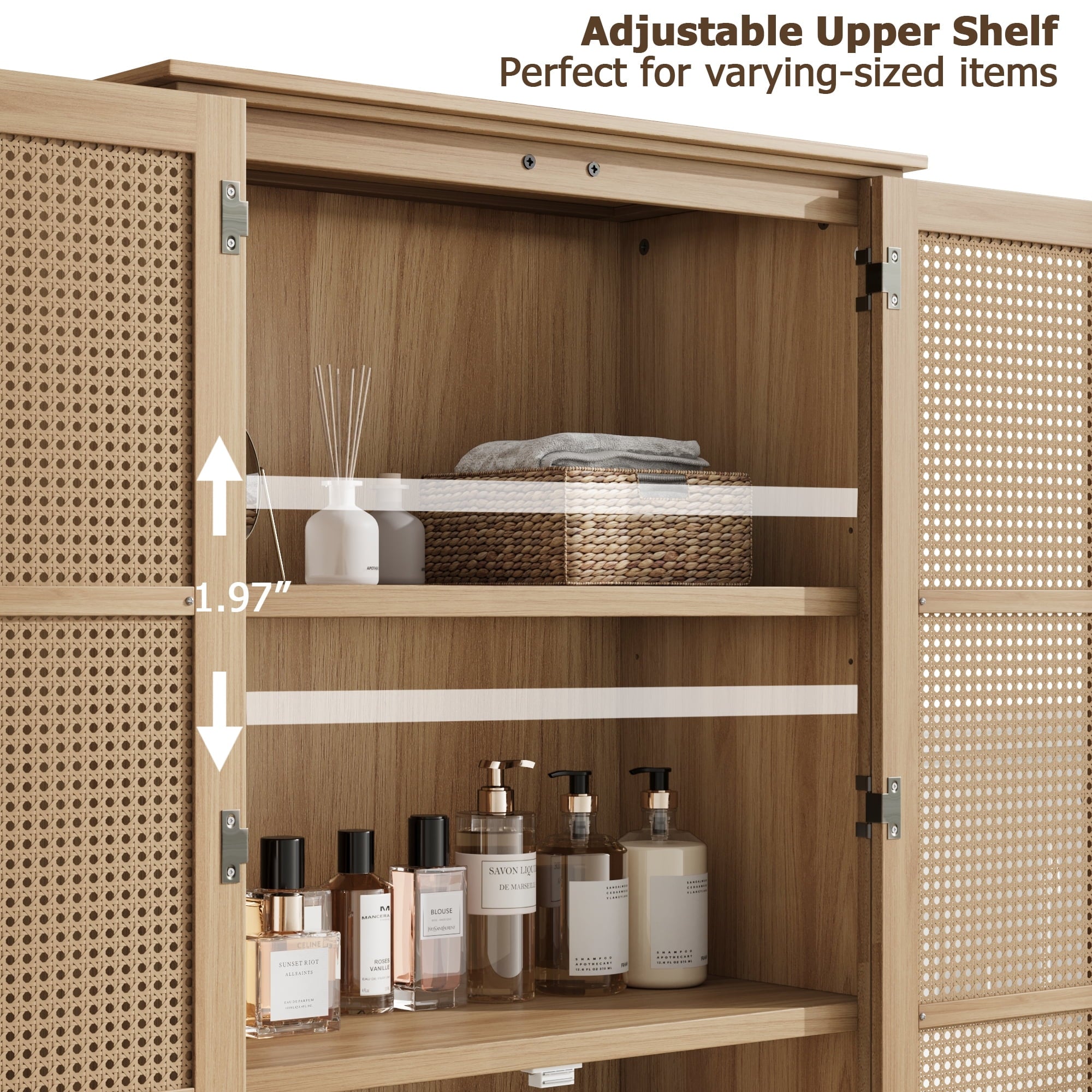 Bathroom Cabinet with Rattan Doors, Rattan Linen Storage Cabinet with 2 Drawers, Oak - Image 5