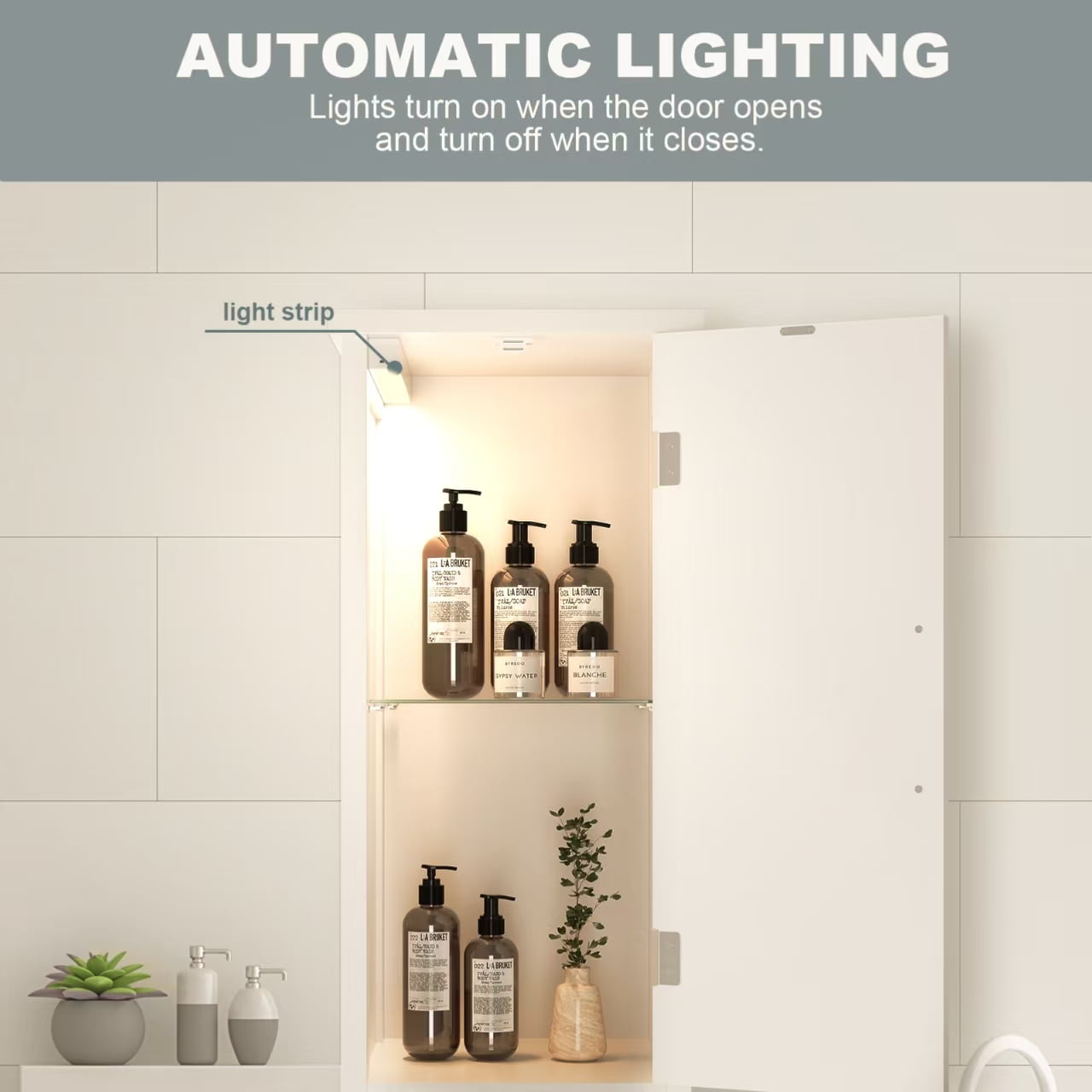 Bathroom Storage Cabinet with Lights, Adjustable Shelves, White - Image 6