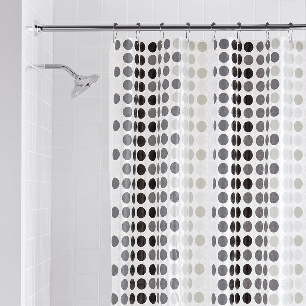 Mainstays Eco-friendly Waterproof Recycled PEVA Black & White Contemporary Polka Dots Shower Curtain Set and 12 Hooks, Black, White - Image 3