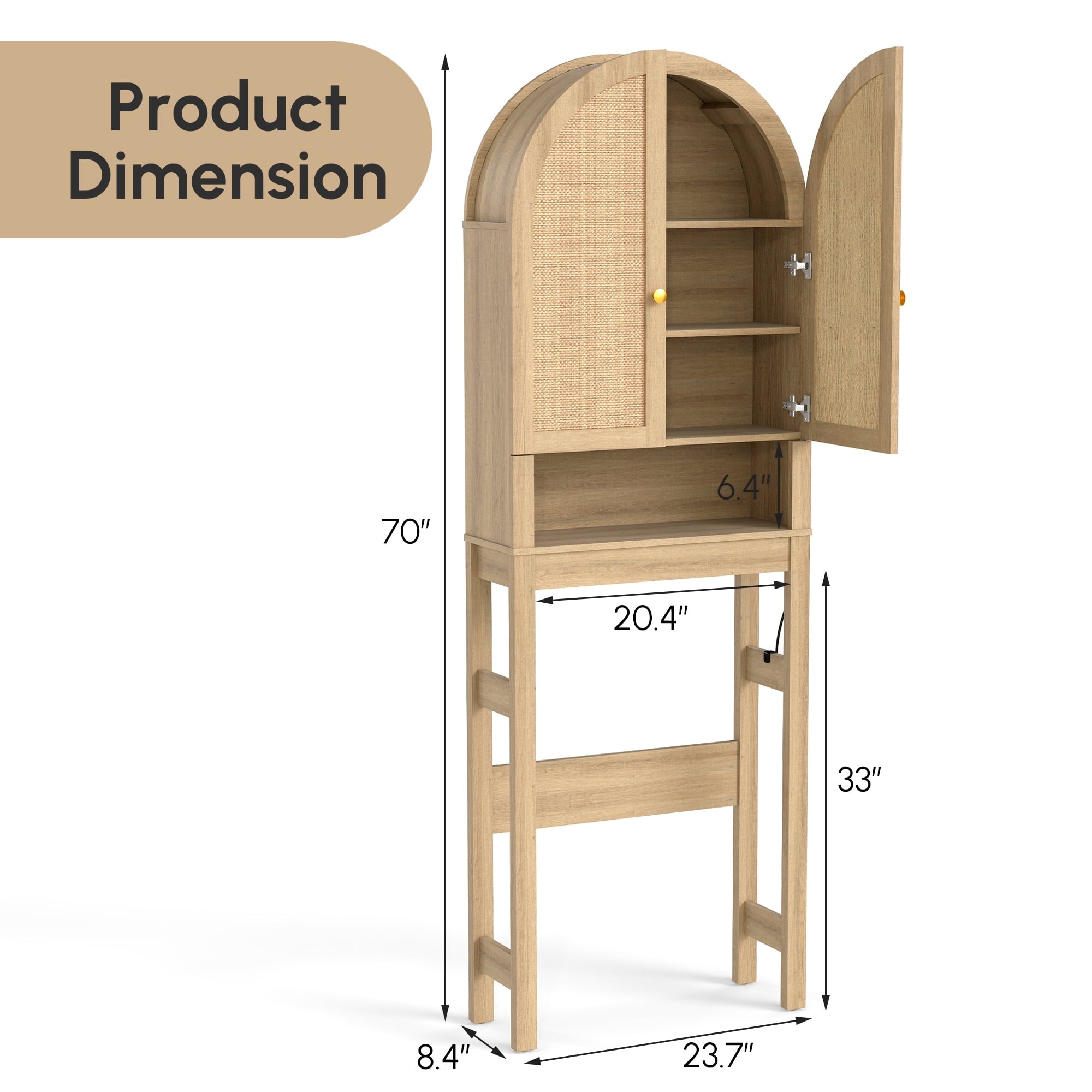The Toilet Storage Cabinet, Bathroom Storage Shelf Organizer with Rattan Doors, Freestanding Above The Toilet Storage... - Image 2