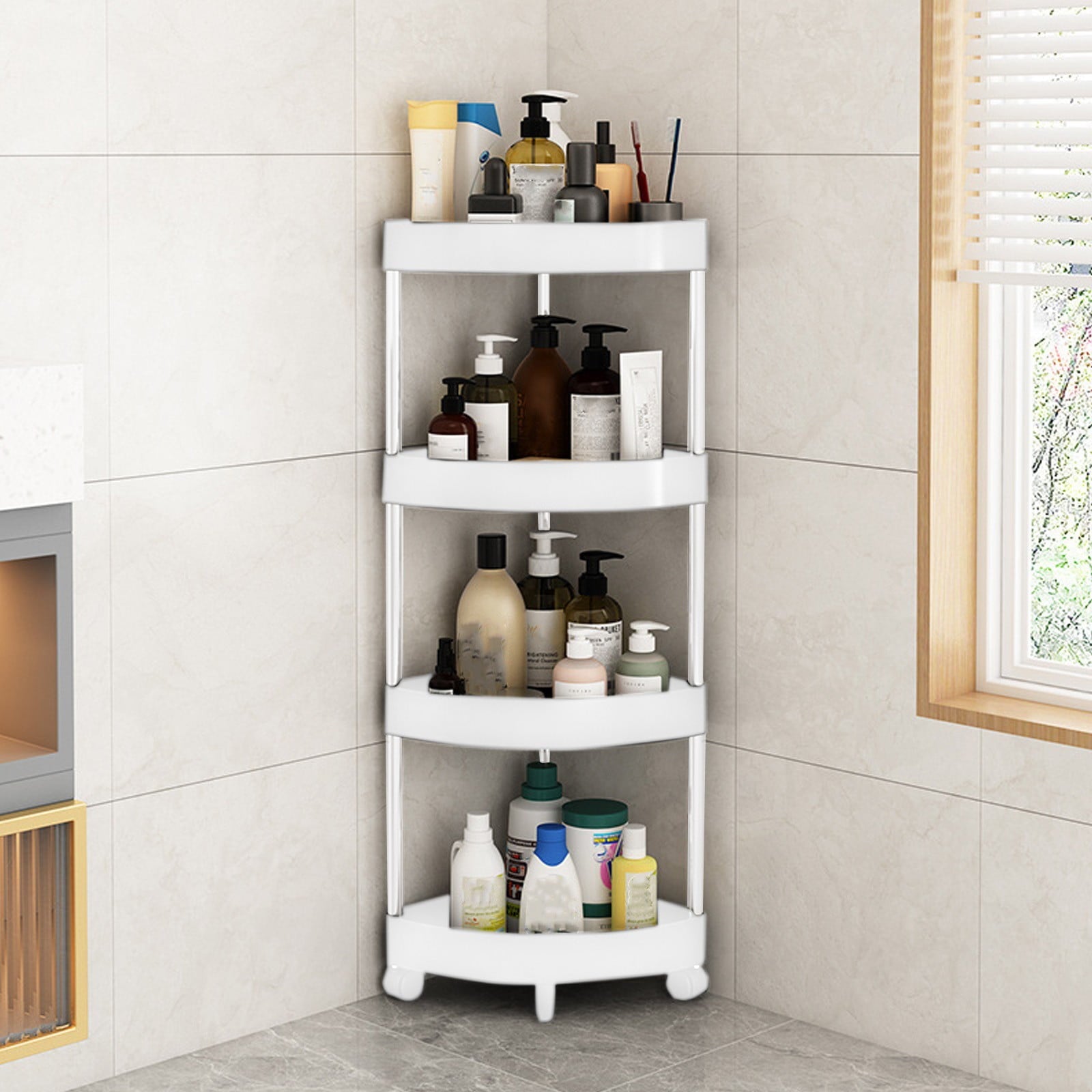 Bathroom Corner Storage Shelf, 4-Tier Organizer with Detachable Rolling Wheels & Drainage Holes, Sturdy Plastic & Sta... - Image 4