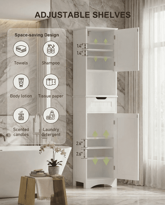 Bathroom Storage Cabinet, White Linen Cabinet, Narrow Tall Cabinet Storage Tower with Door ,Drawer and Open Storage -... - Image 5