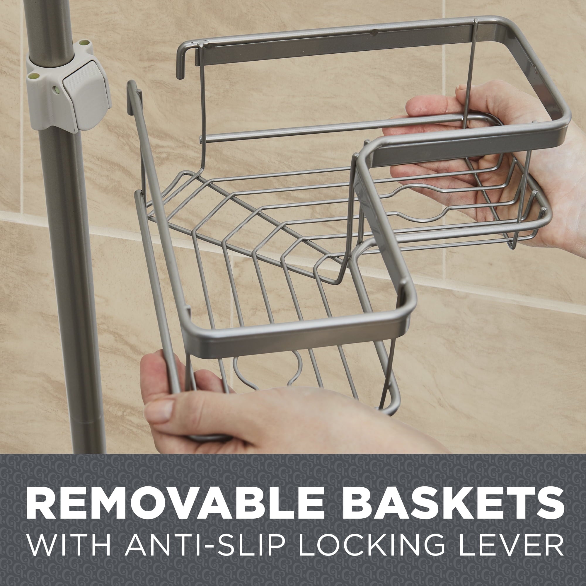 Adjustable Tension Steel Shower Pole Caddy, 4 Shelves, Satin Nickel - Image 3
