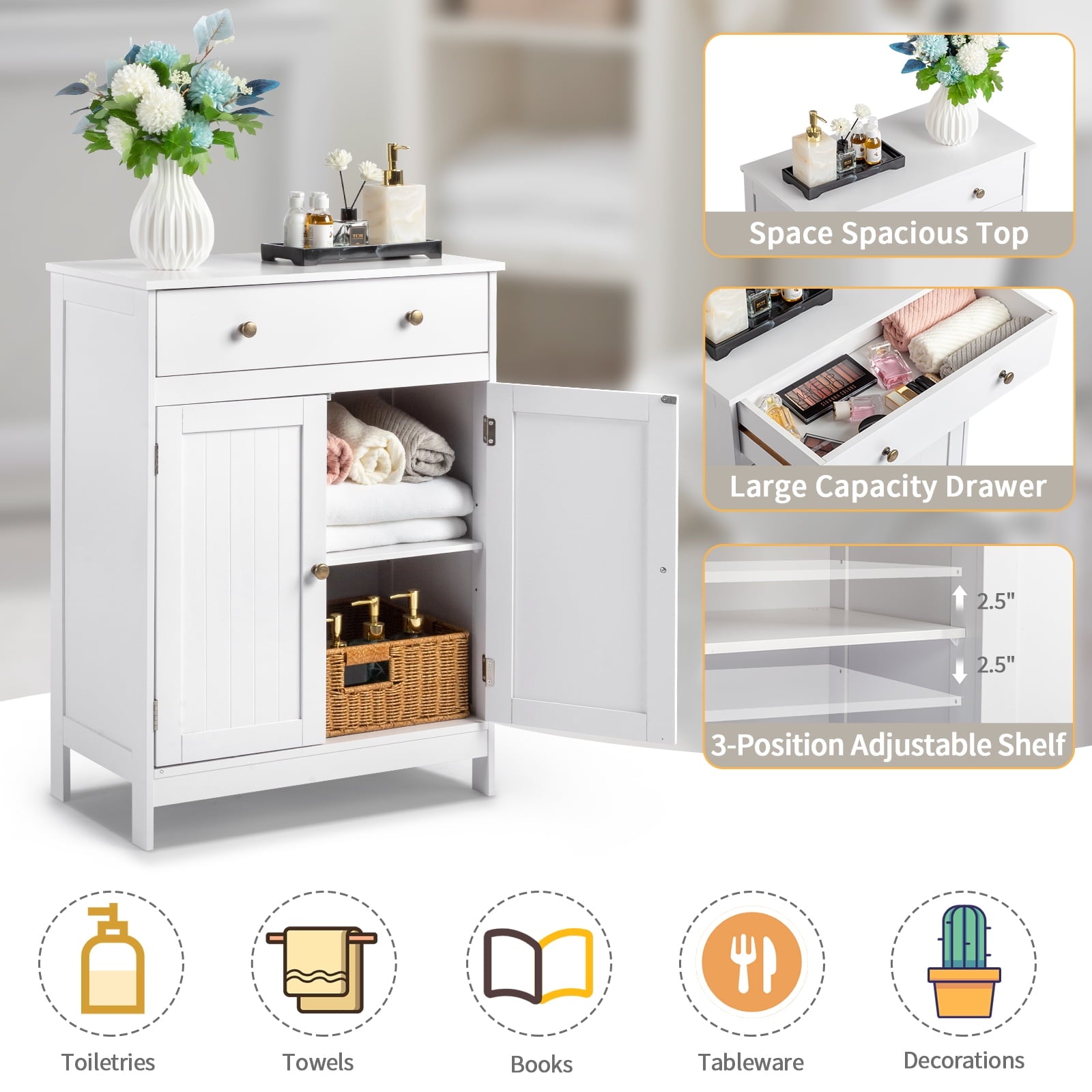 Zimtown White Wooden 2-Door Bathroom Cabinet Storage Organizer with 2 Shelves& 1 Drawer Freestanding - Image 5