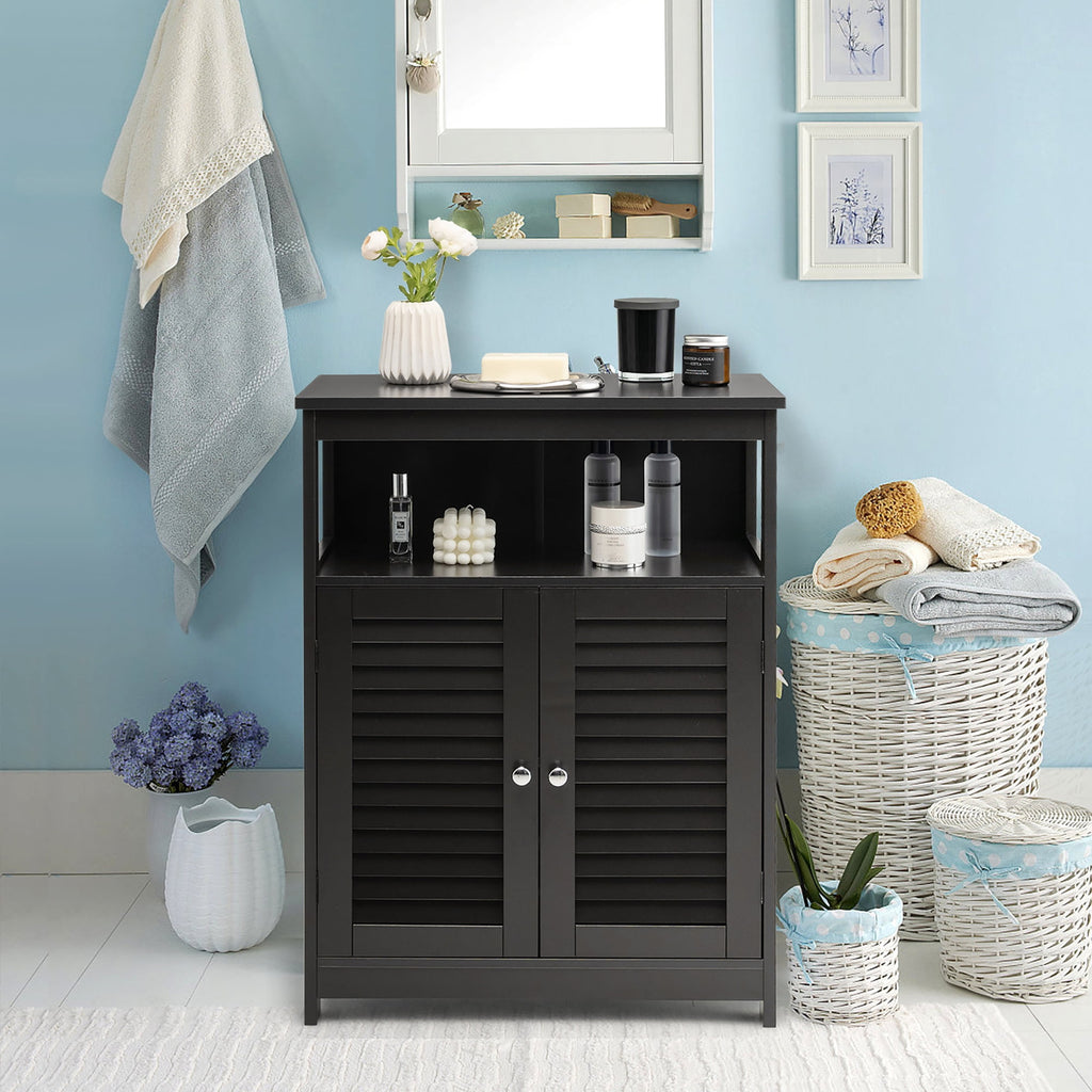 Bathroom Storage Wood Floor Cabinet with Double Shutter Door Black - Image 3