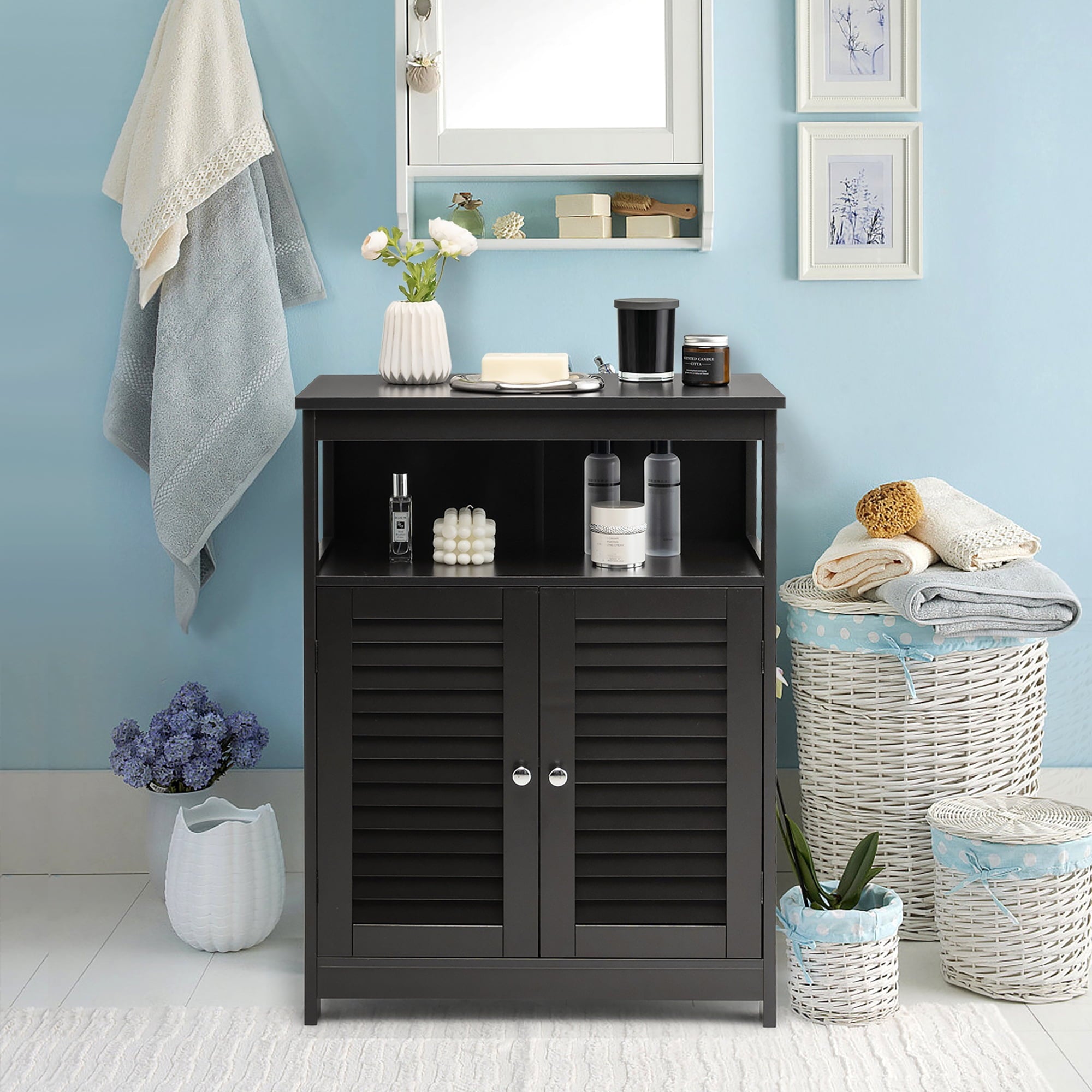 Bathroom Storage Wood Floor Cabinet with Double Shutter Door Black - Image 3