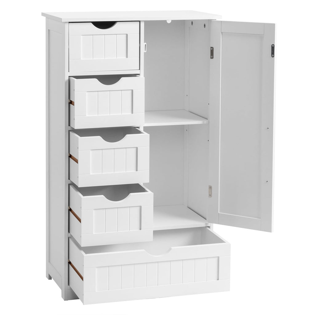 Wooden Bathroom Floor Cabinet, Side Storage Organizer with 5 Drawers, 1 Cupboard & 2-Shelves, White - Image 6