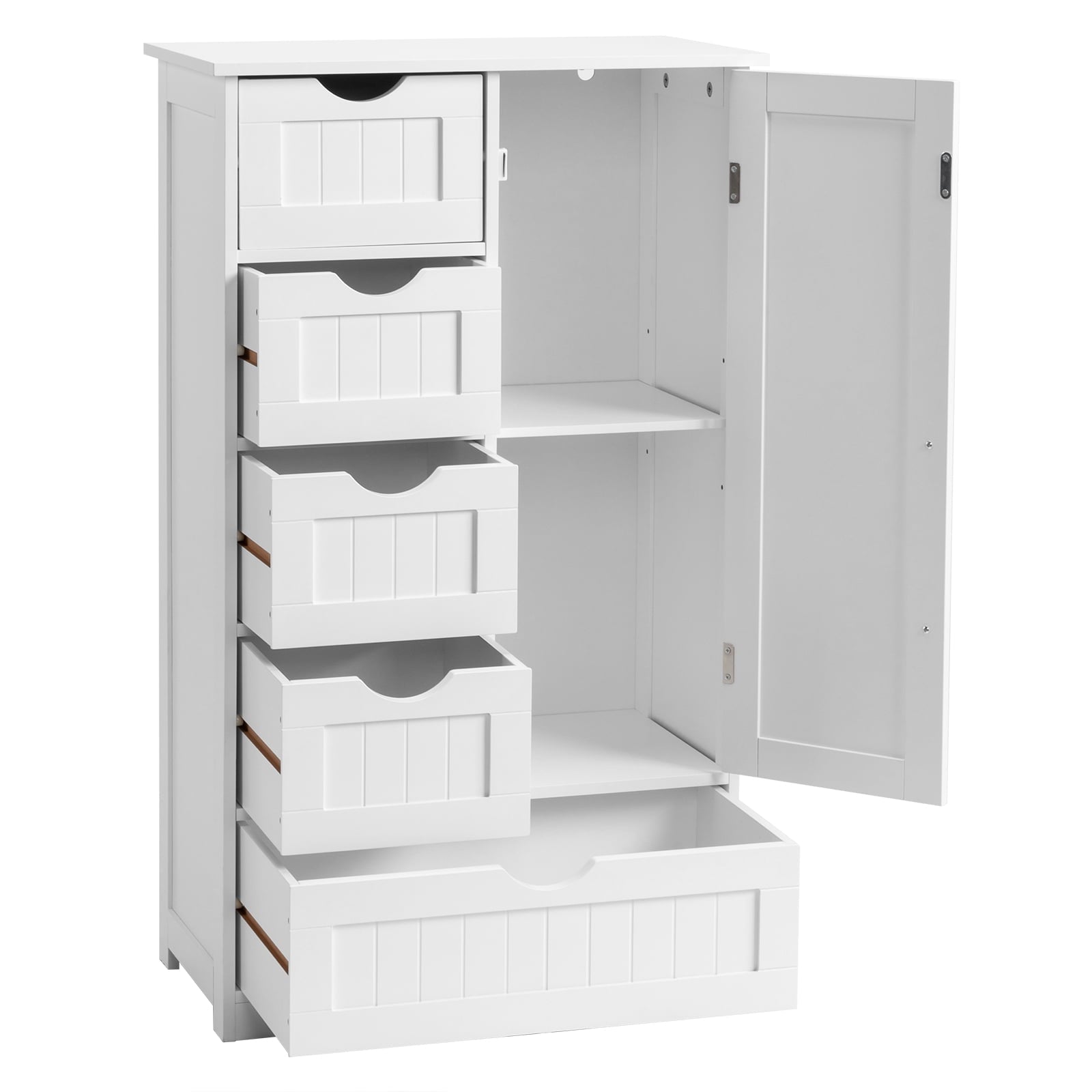 Wooden Bathroom Floor Cabinet, Side Storage Organizer with 5 Drawers, 1 Cupboard & 2-Shelves, White - Image 6