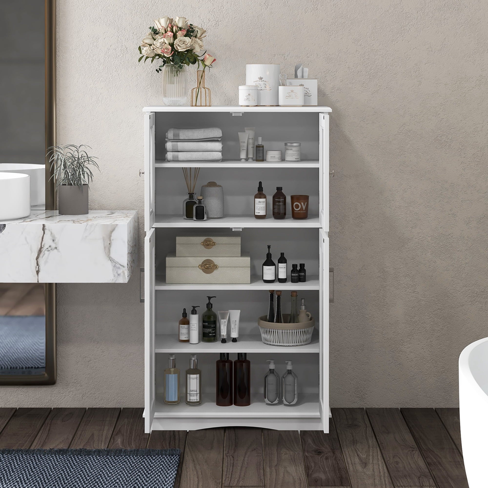 Bathroom Storage Cabinet Linen Storage Cabinet with Doors and Adjustable Shelves White - Image 5