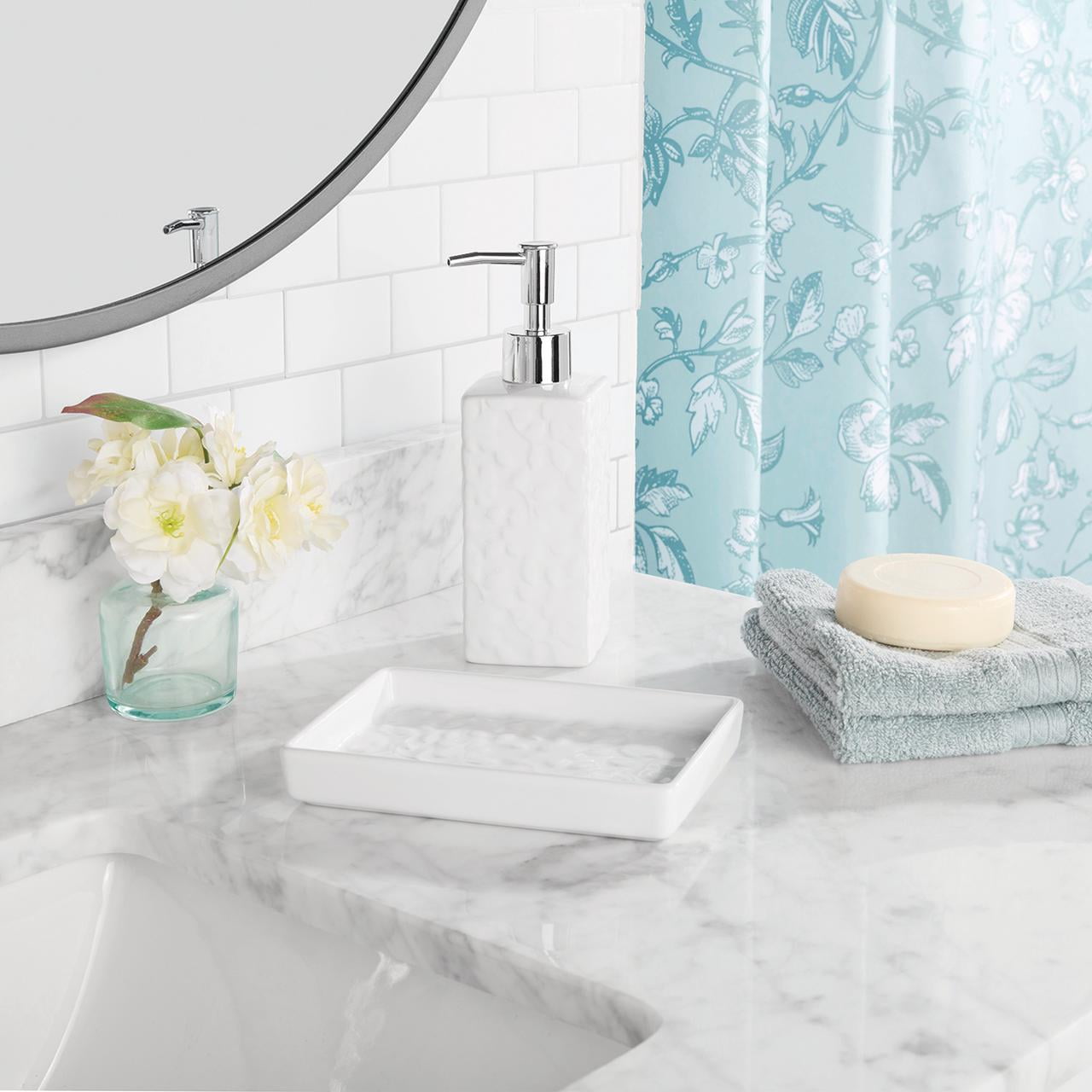 16-Piece Blue Floral Shower Curtain Bathroom Set Fabric Curtain with Rug, Hooks, Soap Dispenser & Tray - Image 2