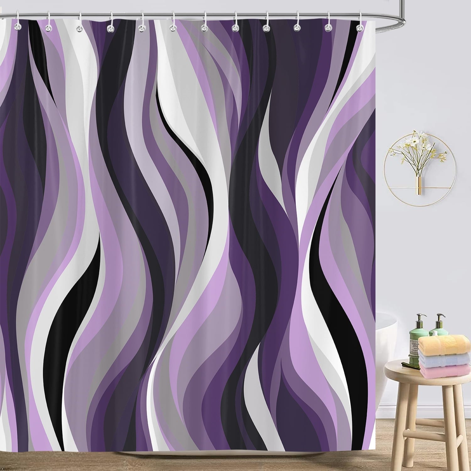Curtain, Stripe Aesthetic Art Curtains Bathroom Decor Set, Fabric Cloth Waterproof with 12 Hooks 72x72 in - Image 4