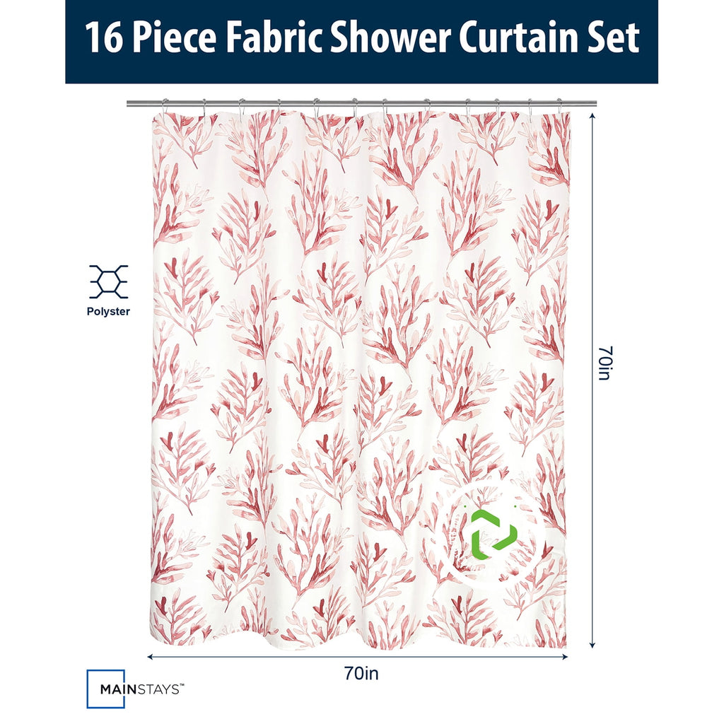 16-Piece Pink Coastal Botanical Shower Curtain Bathroom Set Fabric Curtain with Rug, Hooks, Soap Dispenser & Tray - Image 4
