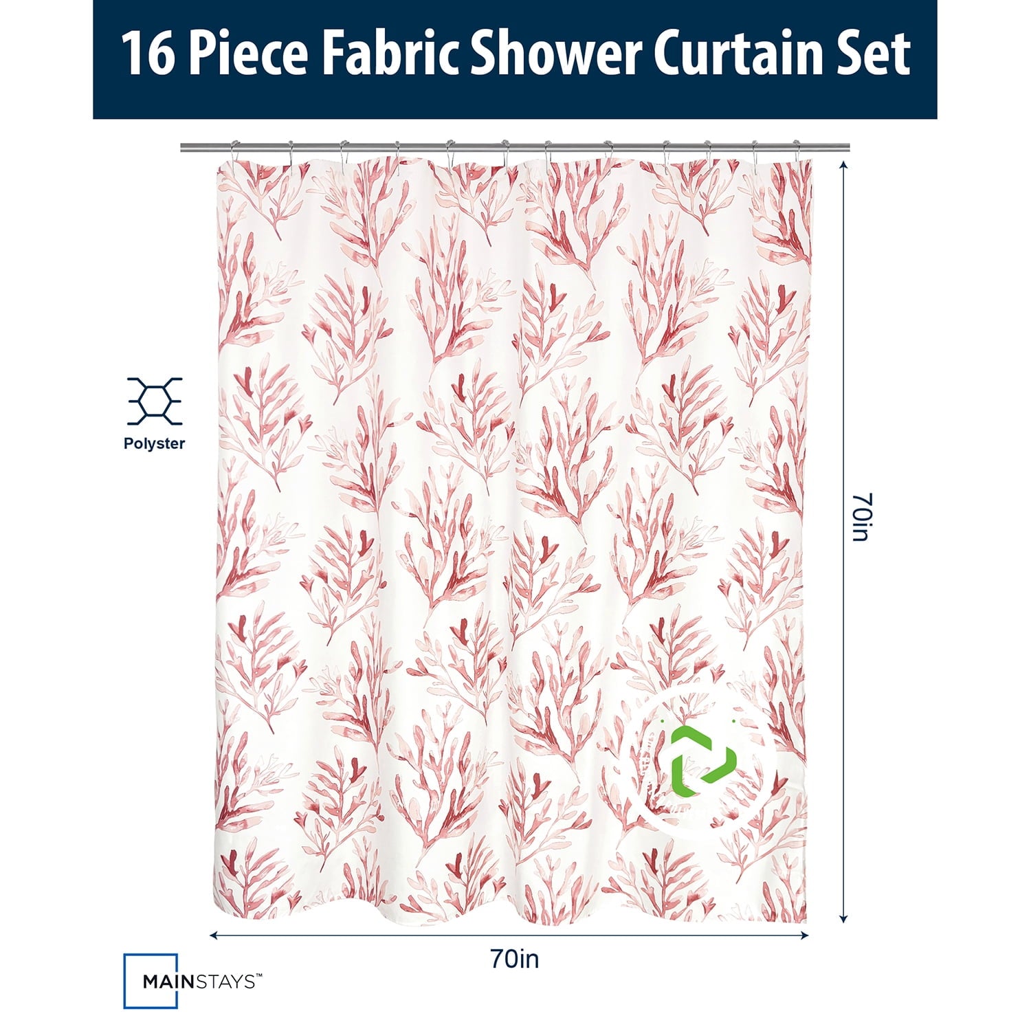 16-Piece Pink Coastal Botanical Shower Curtain Bathroom Set Fabric Curtain with Rug, Hooks, Soap Dispenser & Tray - Image 4