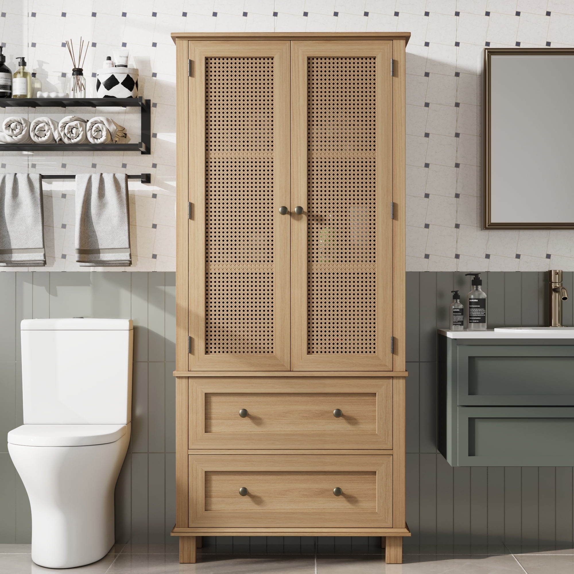 Bathroom Cabinet with Rattan Doors, Rattan Linen Storage Cabinet with 2 Drawers, Oak - Image 2