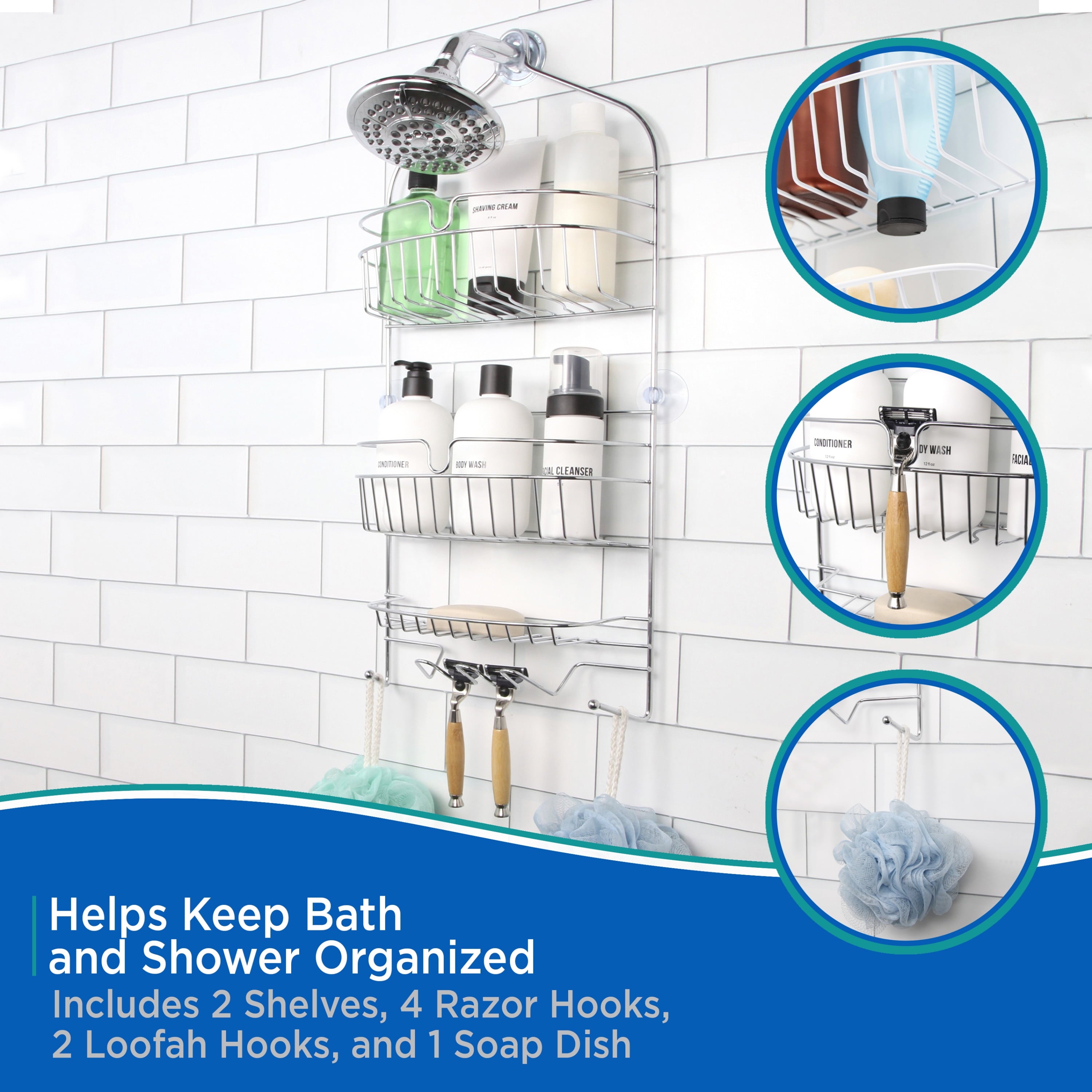 Heavy Duty 3-Tier Large Hanging Shower Caddy with Suction Cups and Four Razor Holders, Chrome - Image 4