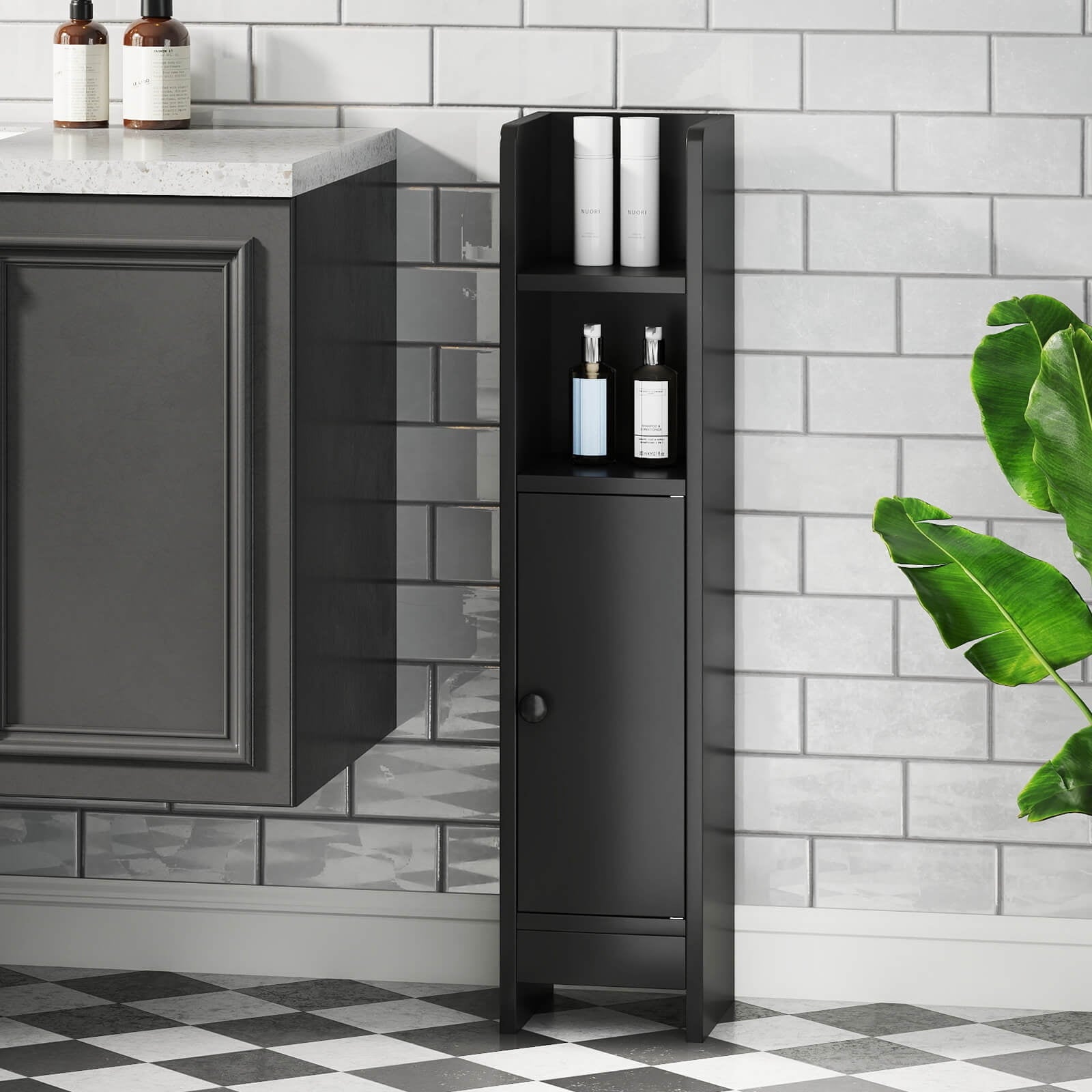 Bathroom Storage Cabinet with Adjustable Shelf 1 Door & 2 Open Shelves Living Room Black - Image 4