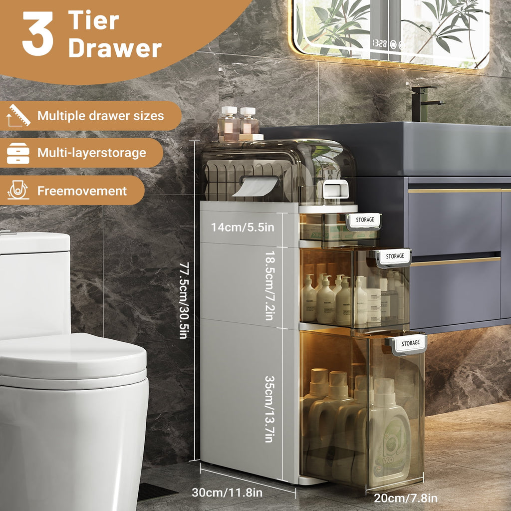 Bathroom Storage,3-Tiers Slim Waterproof Narrow Storage Cabinet,Storage Floor Cabinet with Drawers for Small Spaces - Image 6