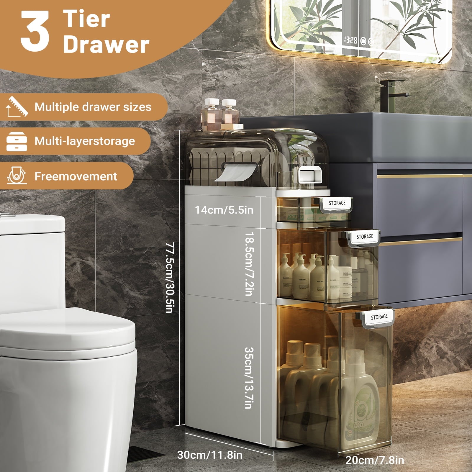 Bathroom Storage,3-Tiers Slim Waterproof Narrow Storage Cabinet,Storage Floor Cabinet with Drawers for Small Spaces - Image 6