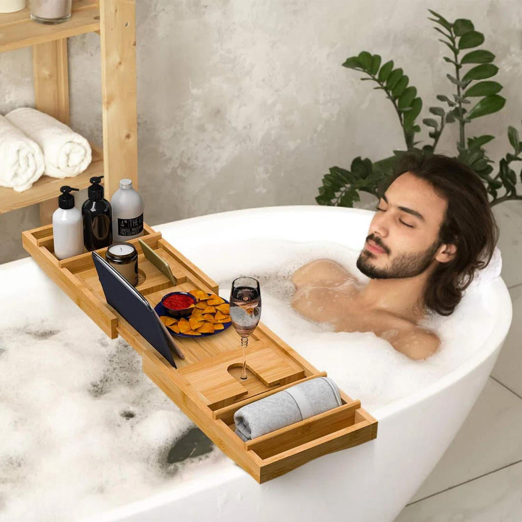 Bathtub Caddy Tray for Tub, Expandable Bamboo Bath Table Shelf with Book and Wine Glass Holder, Bathroom Accessories Gift for Spa, Housewarm - Image 5