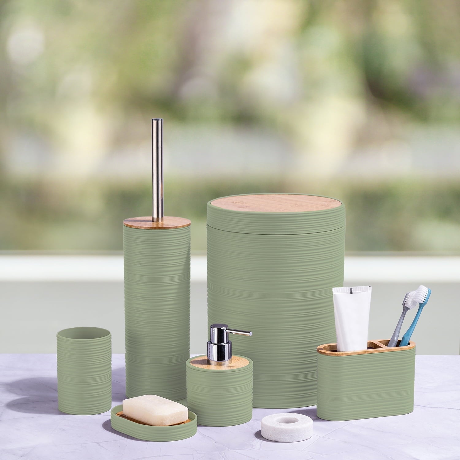 CERBIOR 6 Pcs Bamboo Bathroom Accessories Sets Irregular Stripe Design Complete Set Bathroom Decor Vanity Countertop Accessory Set, Green - Image 2