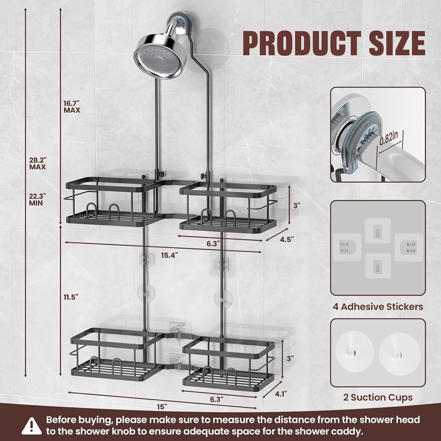 Adjustable Shower Caddy Hanging Rustproof Shower Caddy for Handheld Showerheads, Shower Organizer with Hooks Soap Hol... - Image 6