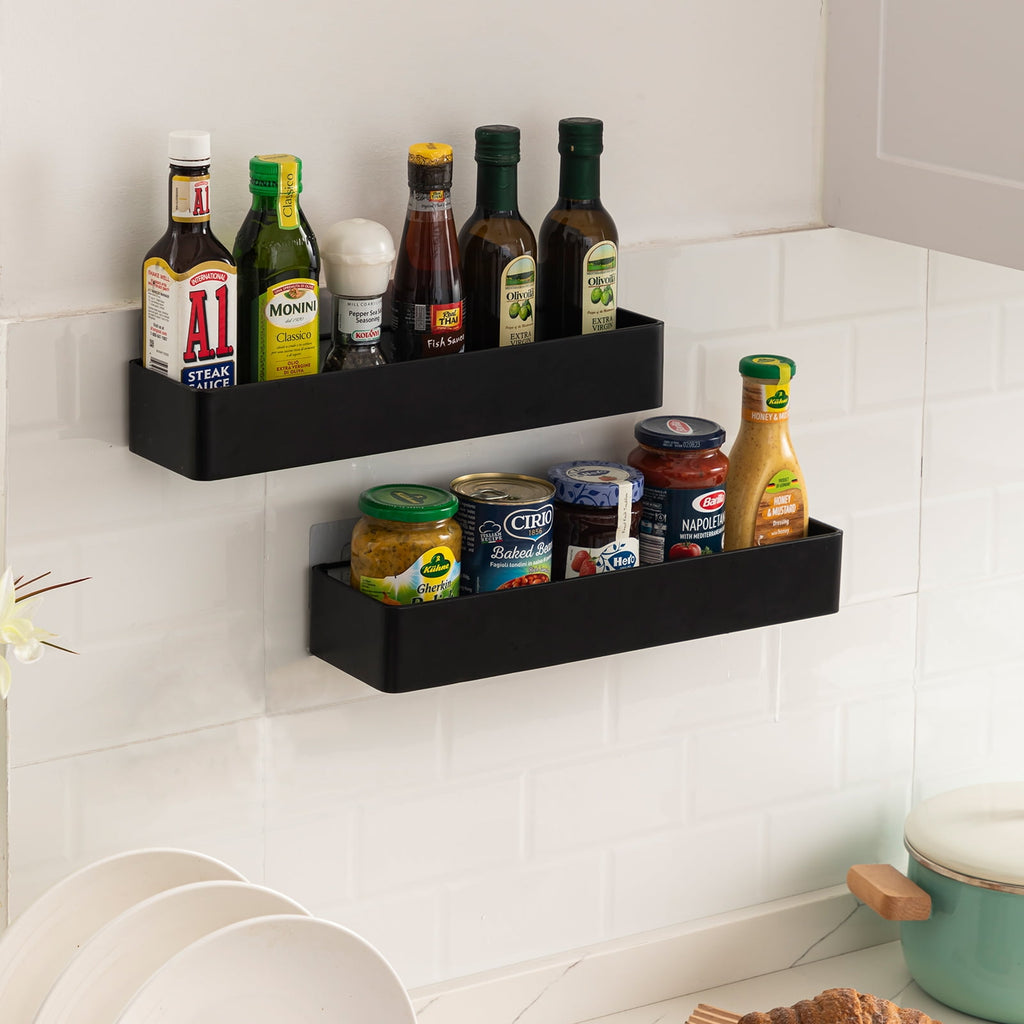 YIHATA Wall Shower Caddy, Black Shower Shelf No Drilling, Self Adhesive Bathroom Storage Rustproof Shower Organizer with 4 Hooks, Quick-Dry, - Image 2