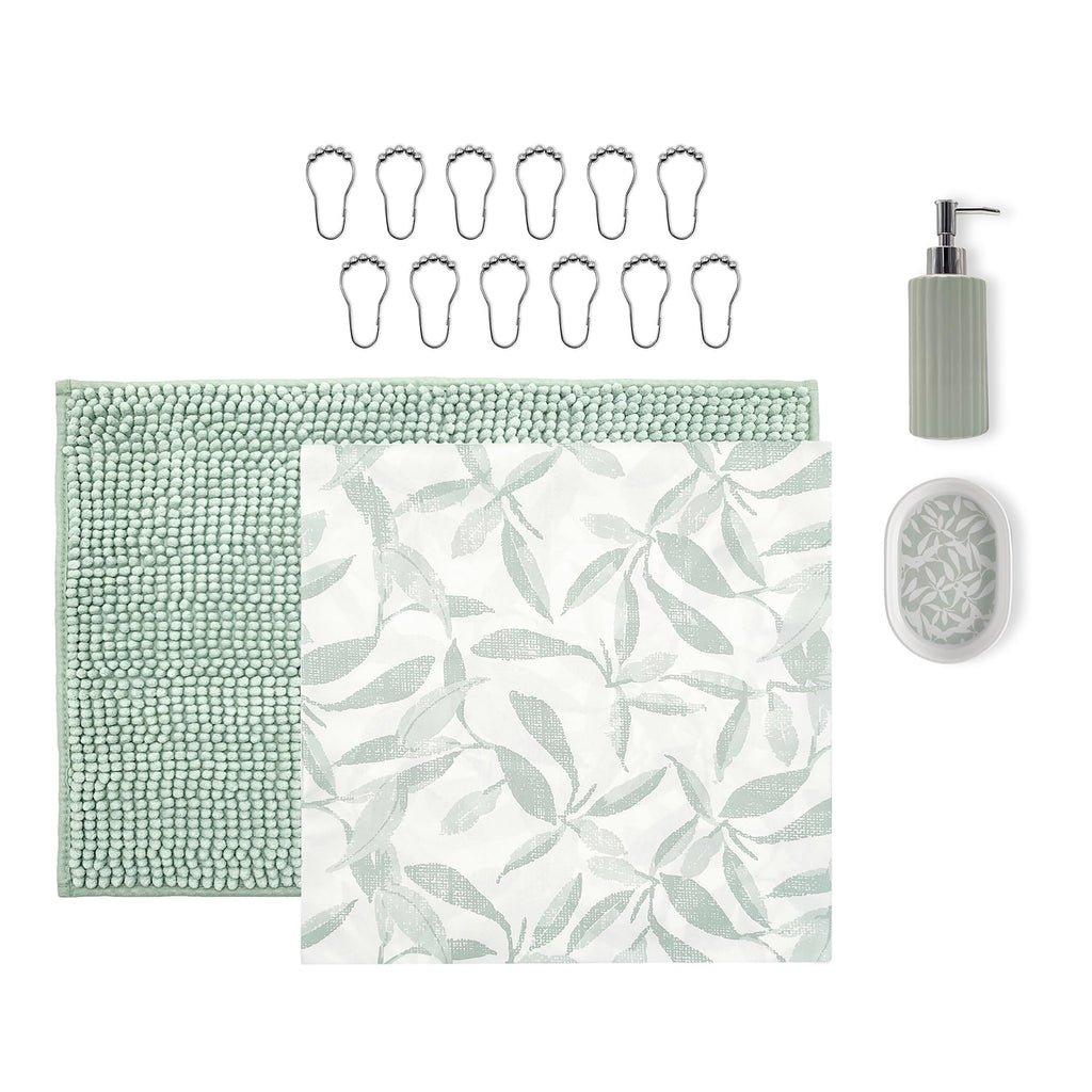 16-Piece Green Leaf Shower Curtain Bathroom Set - Fabric Curtain with Rug, Hooks, Soap Dispenser & Tray - Image 3